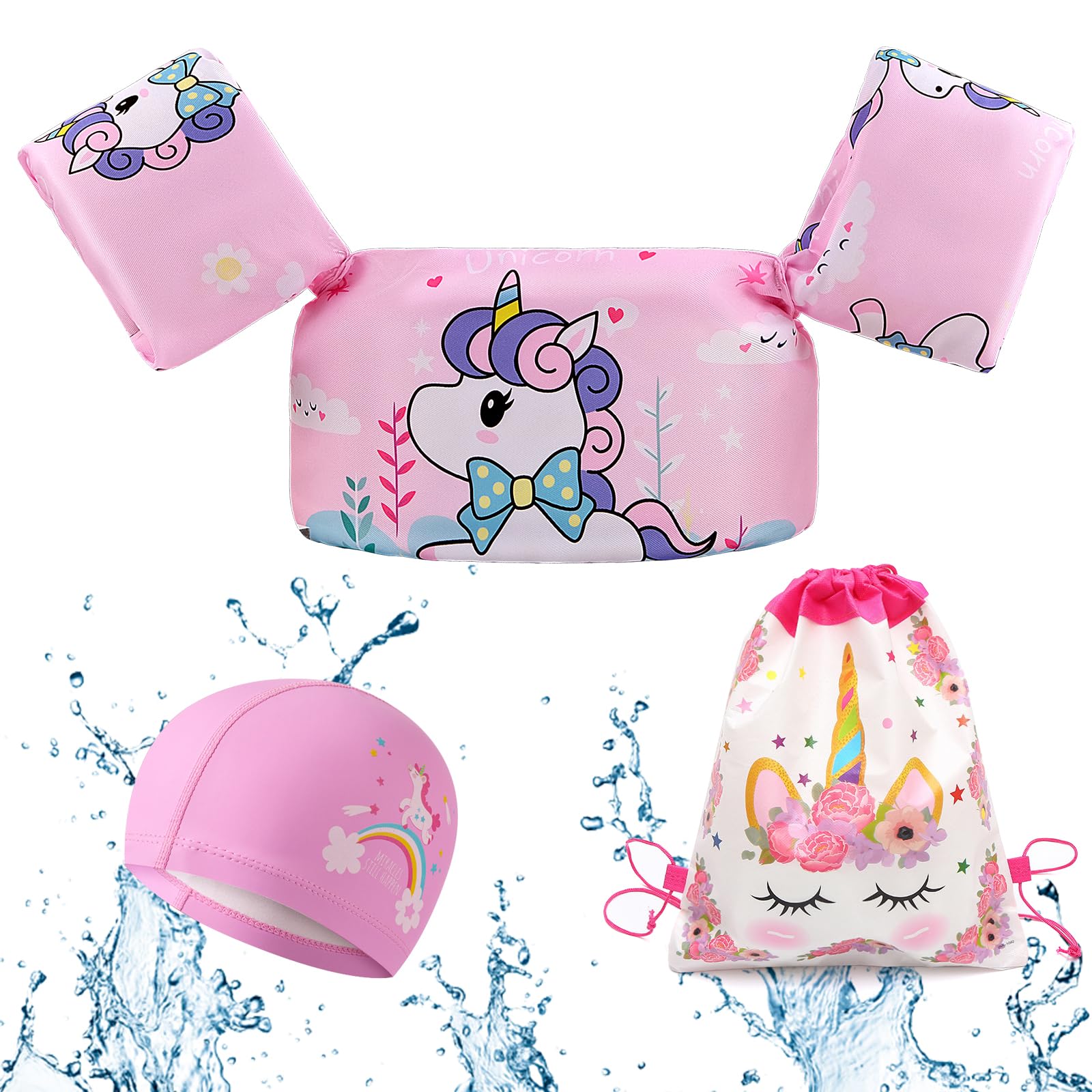 WuGU Chaleco Flotante Natación para Niños, Chaleco Flotador de Natación Niños, Manguitos de Natación Infantil con Gorro de Natación, Chaleco de Natación para Niños Niñas 2-6 Años(14-25kg)