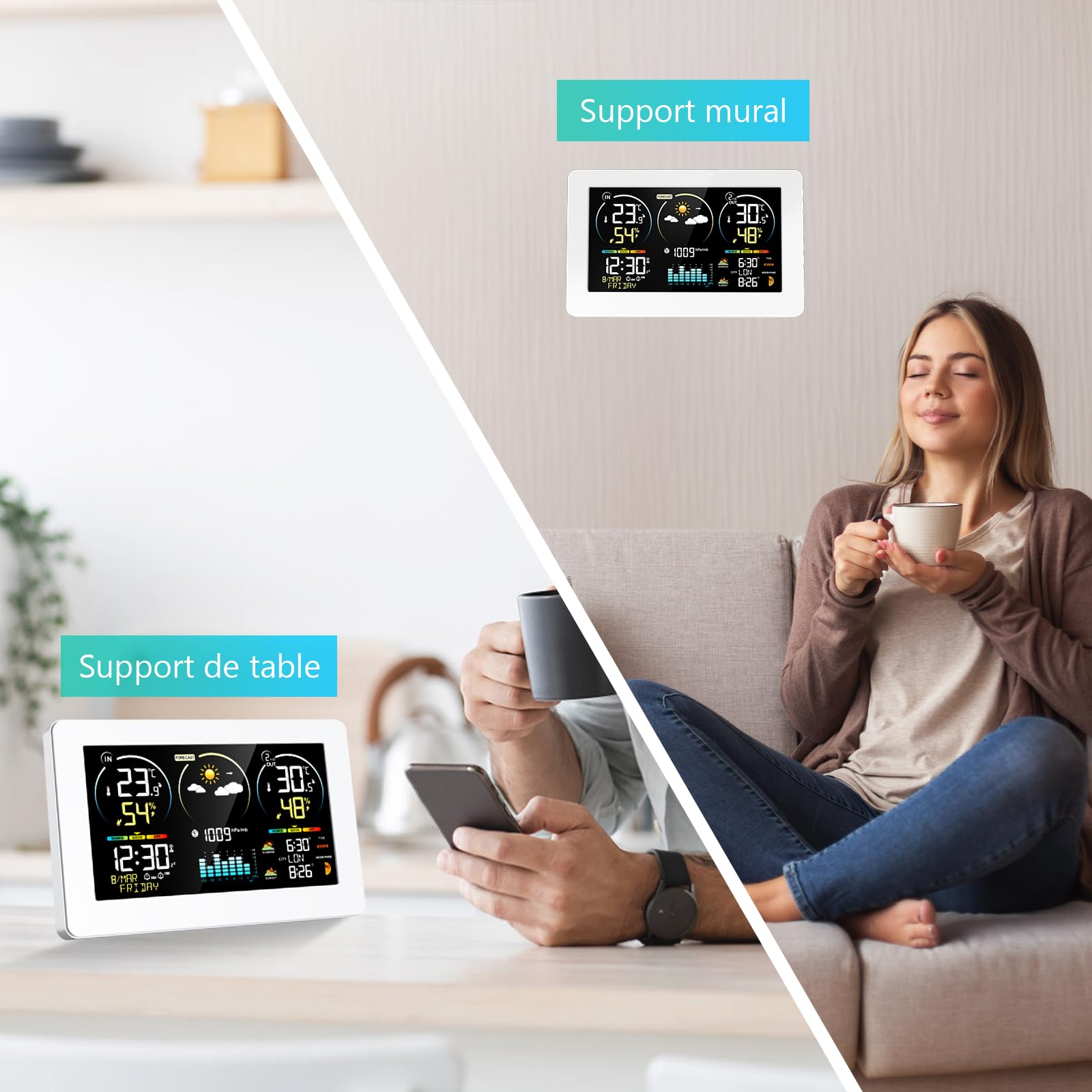 Station Météo Intérieur Extérieur Sans Fil avec 1 Capteur Extérieur | Thermomètre Hygromètre Digital, Écran LCD Couleur, Horloge Radio-commandée, Réveil Snooze, Calendrier, Prévisions Météo