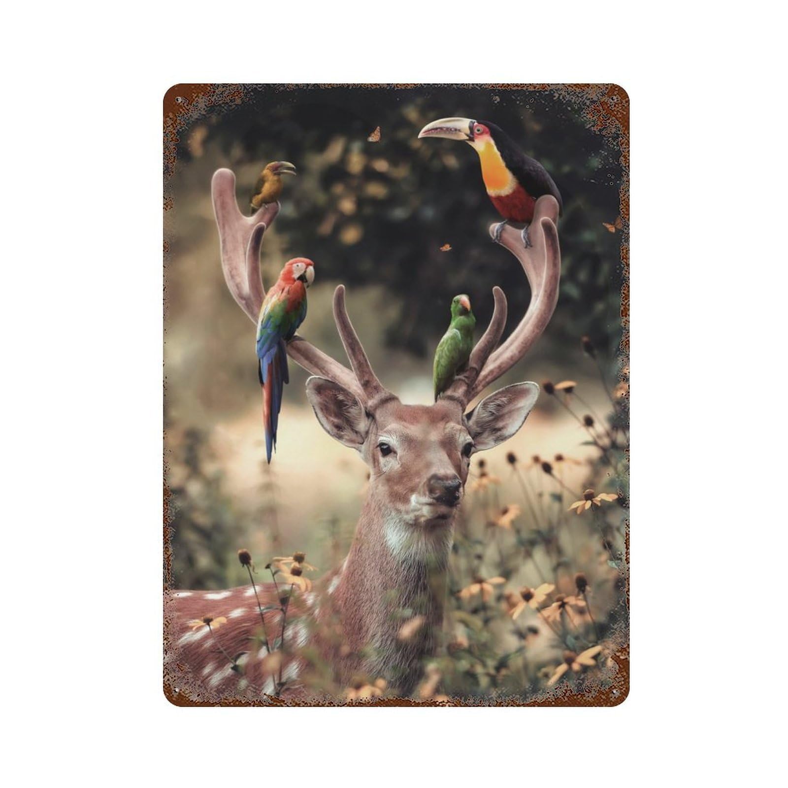 Deer And Birds Rusty Metal Tin Sign 15.7"x11.8", Ideal for Farmhouse, Kitchen And Entryway Decor