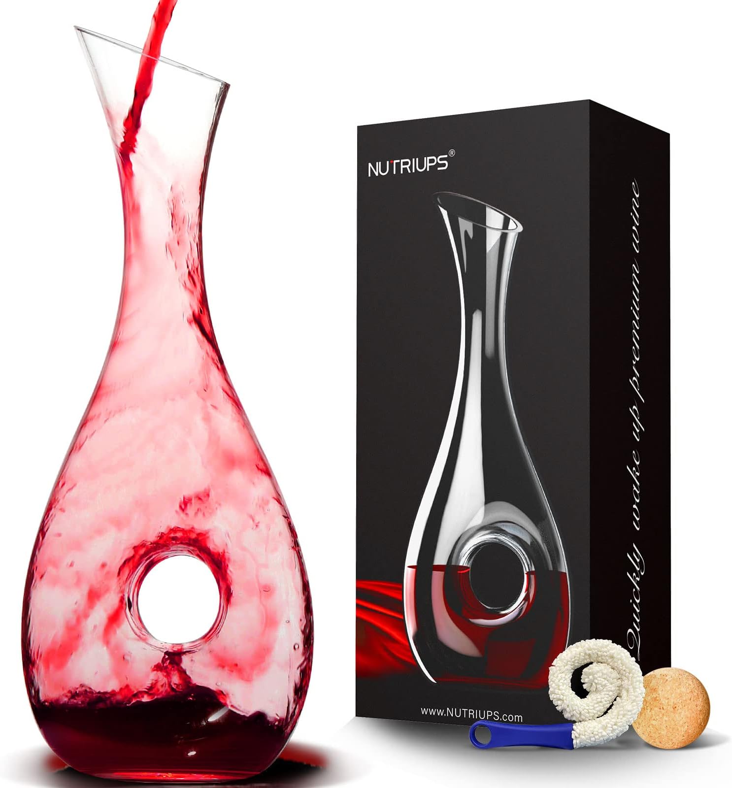 NUTRIUPS Wine Decanter, 1.5L Red Wine Decanter, Crystal Glass, Hand Blown Lead-Free Decanter Carafe, Hollow Circle Shape Carafe for Wine Enthusiast