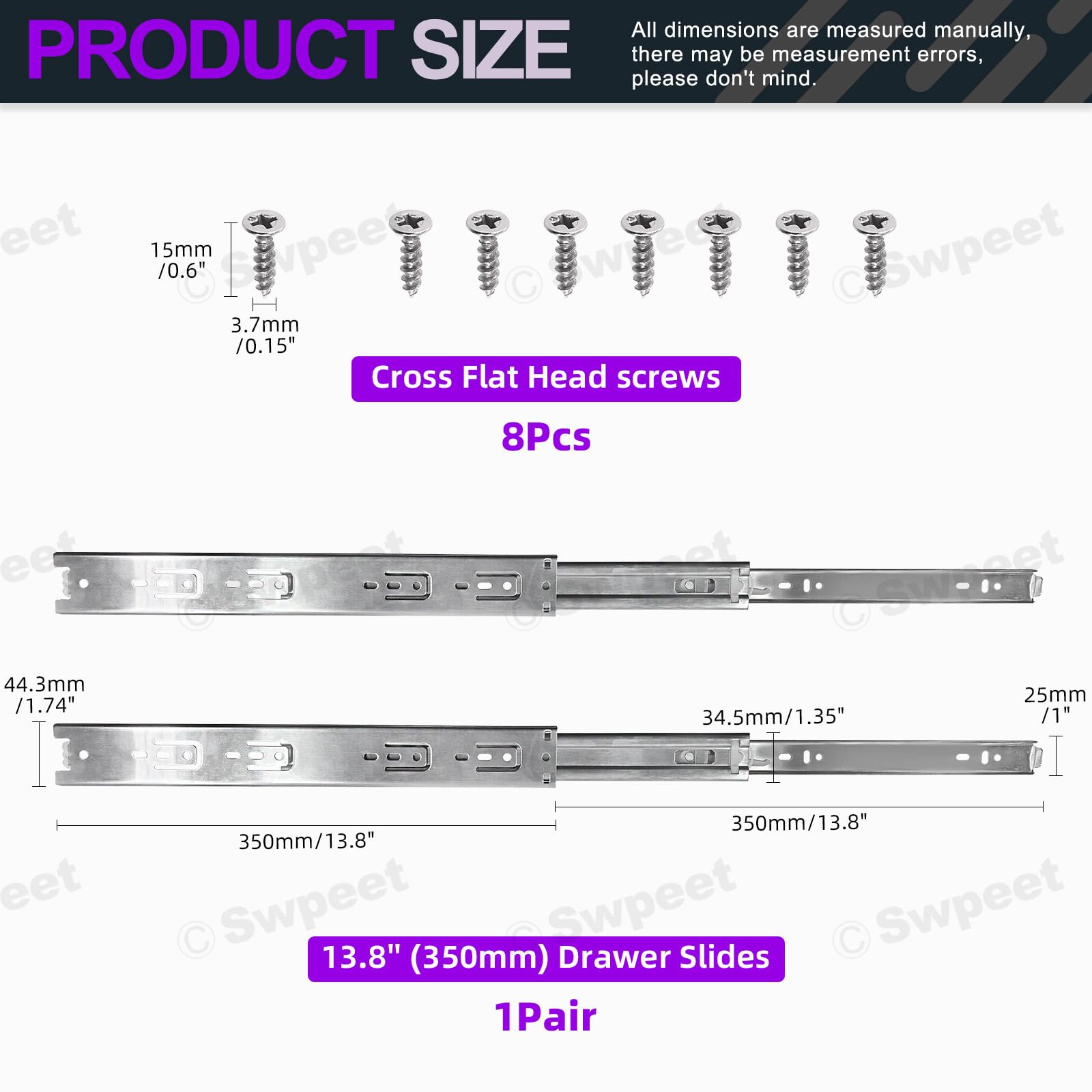Swpeet 10Pcs 350mm Full Extension Less Noise Ball Bearing Metal Side Mount Drawer Slides - Image 2