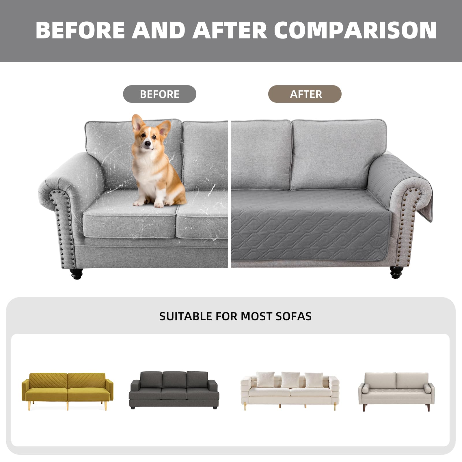 100% Wasserdicht Sofa überzug 1 Sitzer, rutschfest Sofabezug mit Tasche für Kinder, Haustiere, Hunde, Waschbare Sesselbezug,Grau,1 Seater