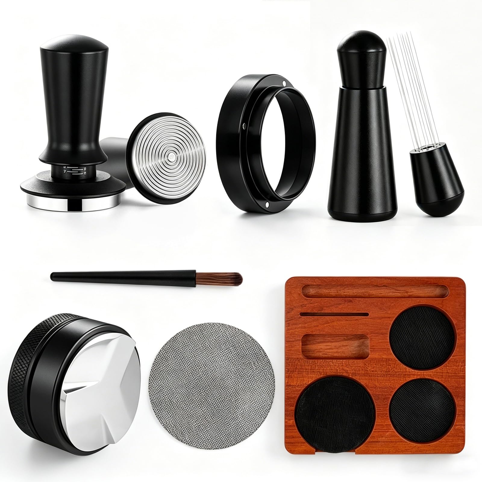 Espresso Zubehör Set 7tlg. – WDT Tool, Tamper, Distributor, Dosierring & Tamperstation | Barista Set aus Edelstahl für Siebträgermaschinen | Schritt-für-Schritt Zubehör für Café (58mm)