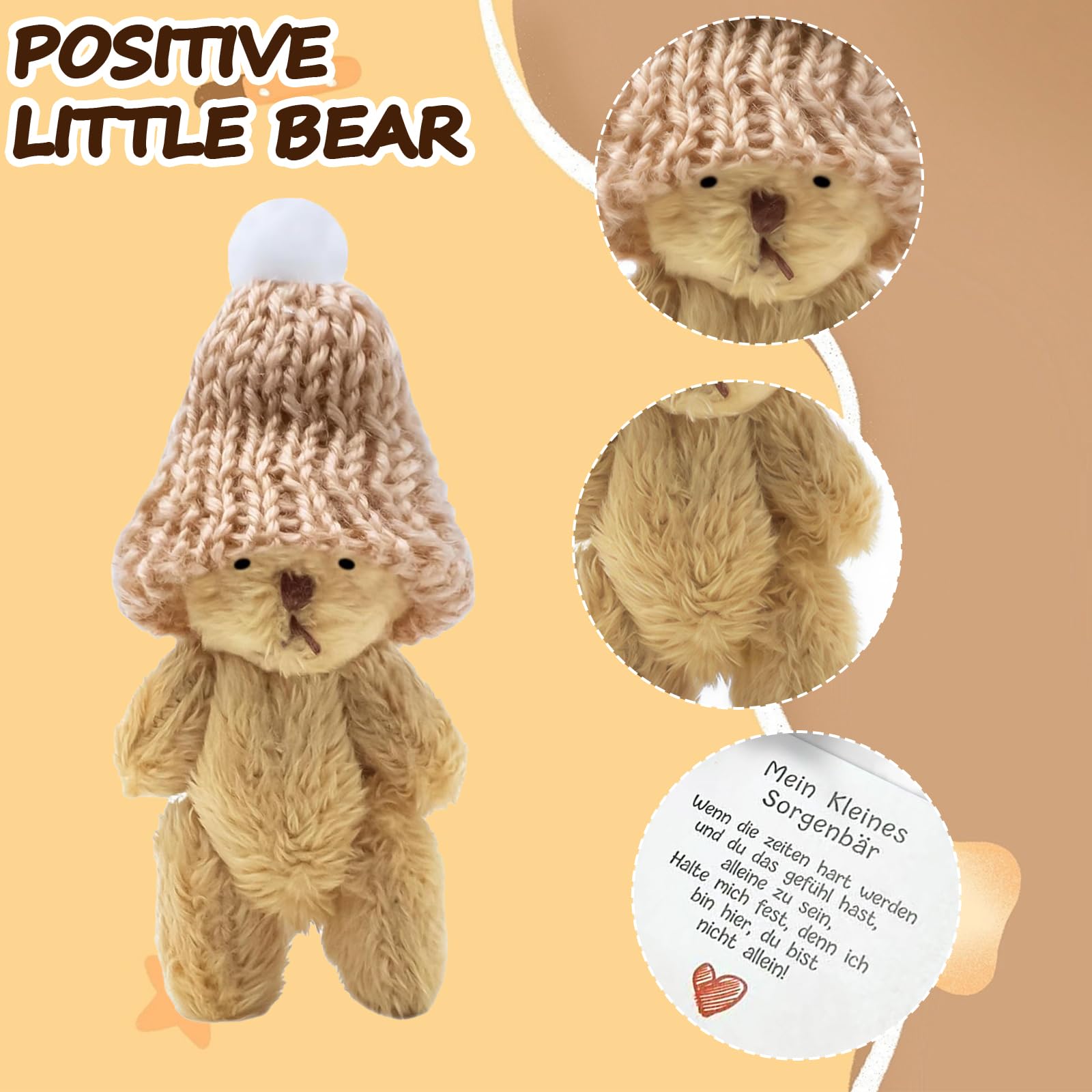 A Handmade Bear Wearing a hat, with an Encouraging Card Included in the Packaging. This Pocket-Sized Handmade Bear Brings Comfort to Adults—It's the for Loved Ones, Family, and Friends.