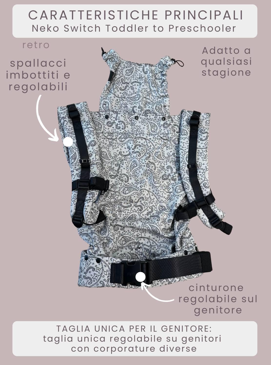 NEKO SWITCH Toddler - Marsupio Portabebè Regolabile Ergonomico Preschooler Zaino Porta Bimbo e Bebè (Kidonya Perla)