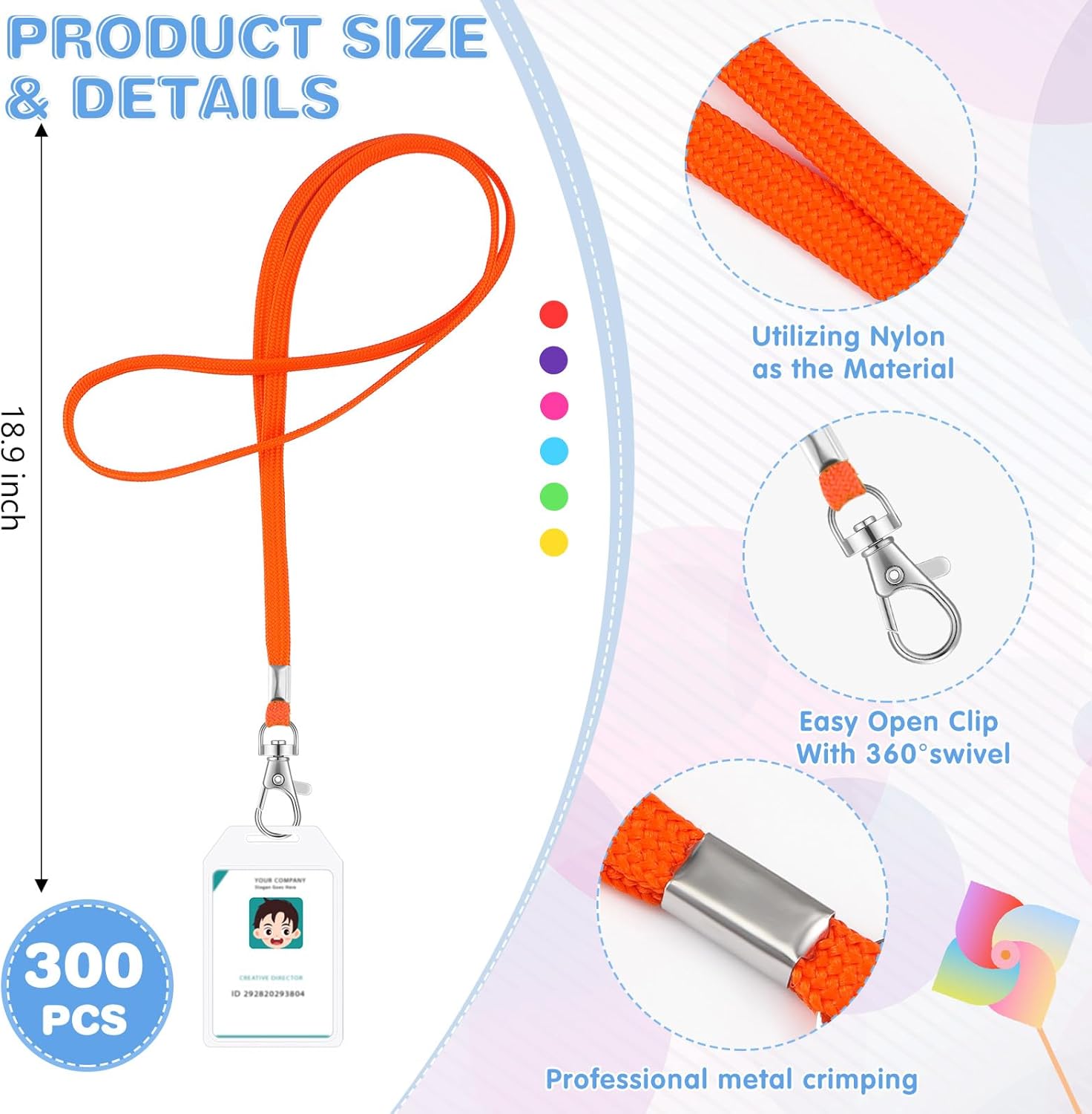 Qilery 300 Pcs Lanyards for ID Badges Lanyards Bulk with Clip Lanyard Strap with Swivel Hook Lanyards for Keys Neck Lanyard for Teacher Kid Adult Name Tag Phone Office Supplies (Multi Color,Nylon)