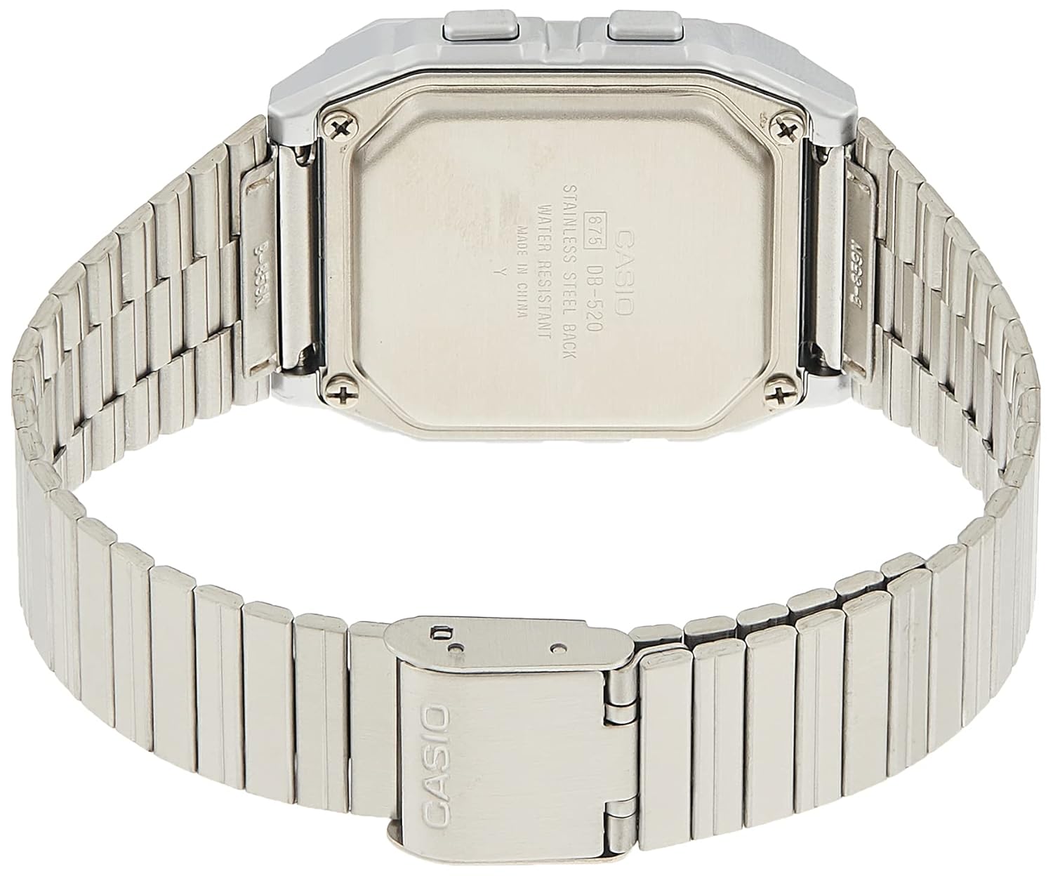 شاته view of the Casio DB-520A-1AUZ watch showing the stainless steel case back and band clasp