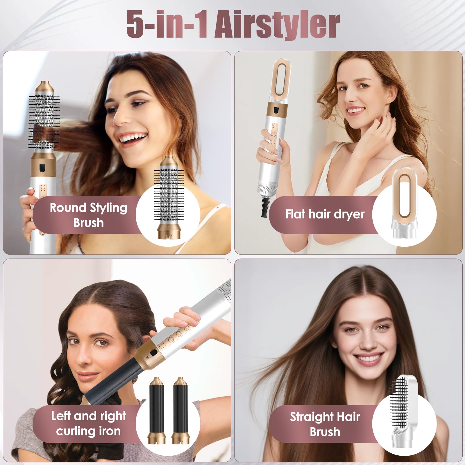 Cepillo Secador De Pelo, Air Styler 5 en 1, Cepillo de Aire 1350W | Cepillo de Aire Caliente 110000 RPM, Multifuncional Modelador, Cepillo alisador pelo para Volumen/Doblar/Suavizar/Secar