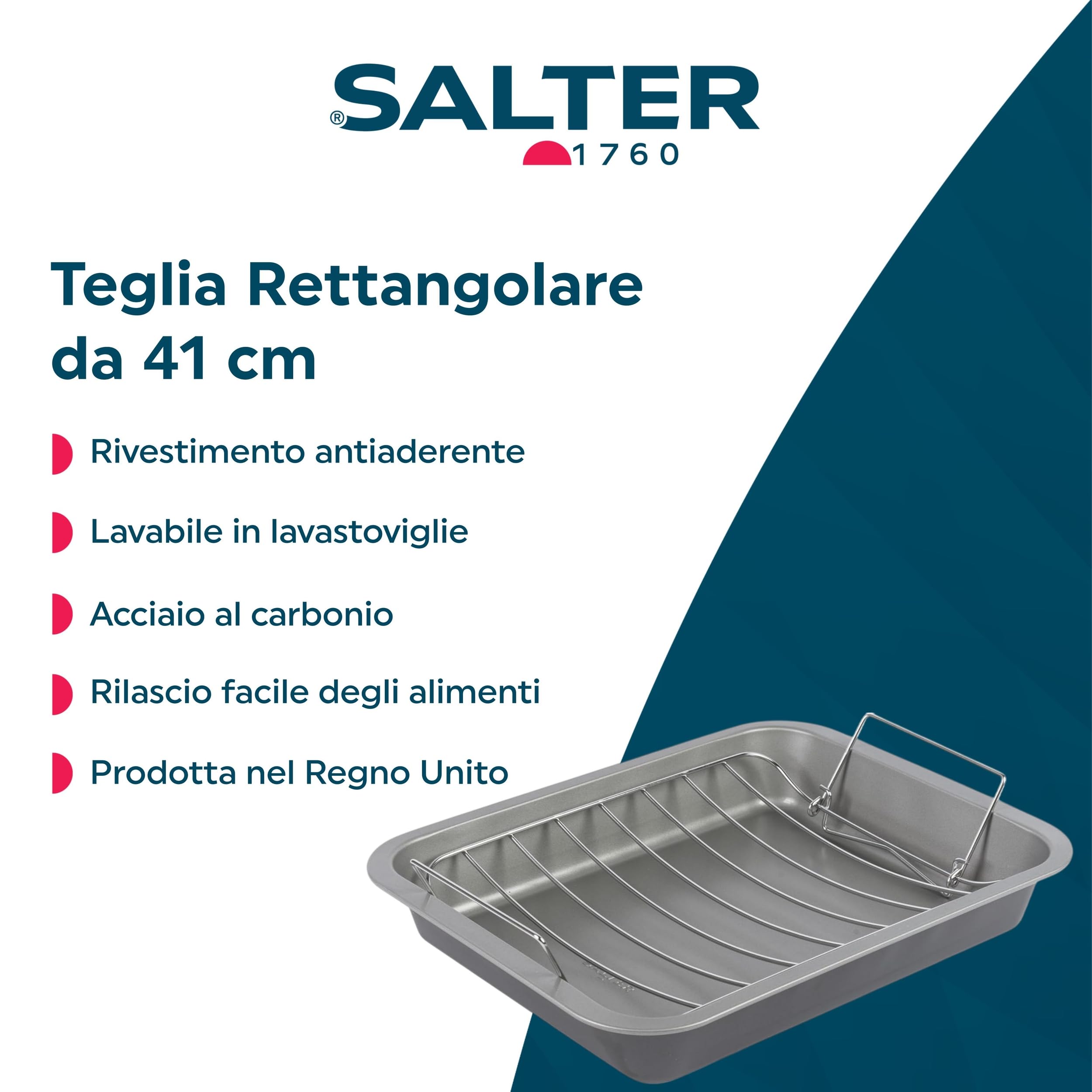 Salter Essentials 41 cm Roasting Tray – Non-Stick Coating, Rectangular Roaster, Dishwasher Safe, Easy to Clean, Made in the UK, Durable Vegetable Roasting Pan, Lightweight, PFOA-Free, BW13669