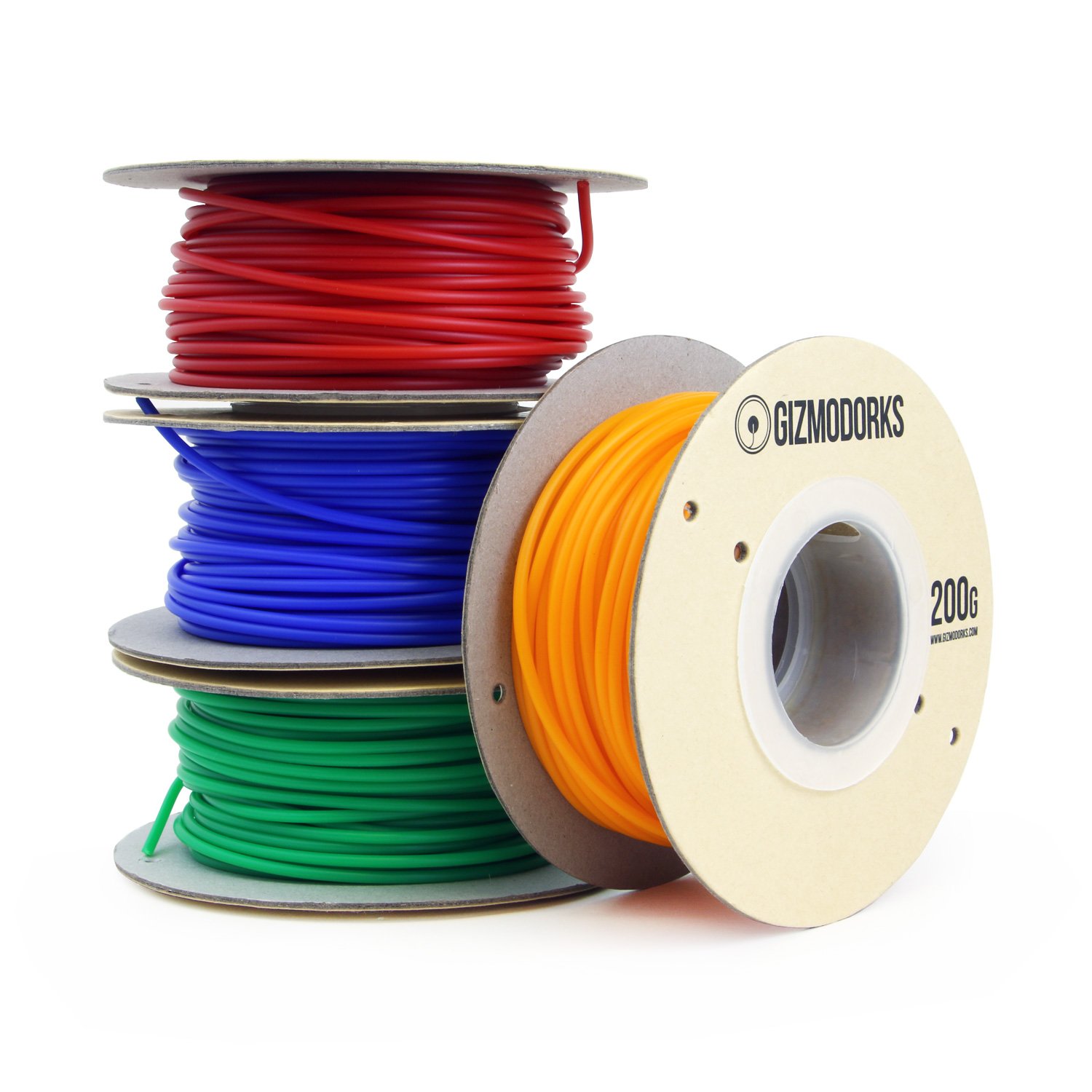 Gizmo DorksABS Filament for 3D Printers 3mm (2.85mm) 200g, 4 Color Pack - Blue, Green, Orange, Red