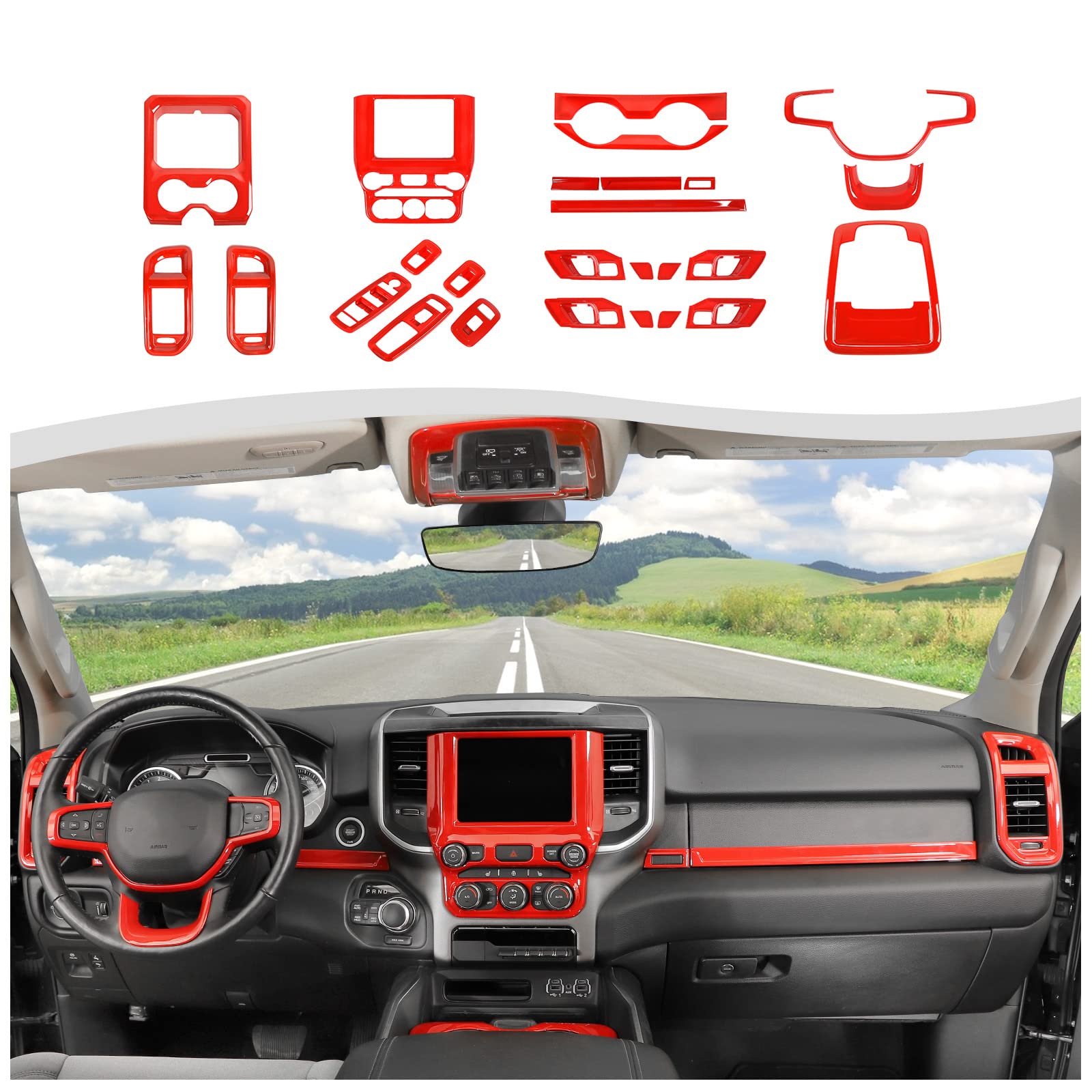 RT-TCZ 27 PCS Interior Trim Kit Cover Decoration Accessories for Dodge RAM 4 Door 2018 2019 2020 2021 2022,Red