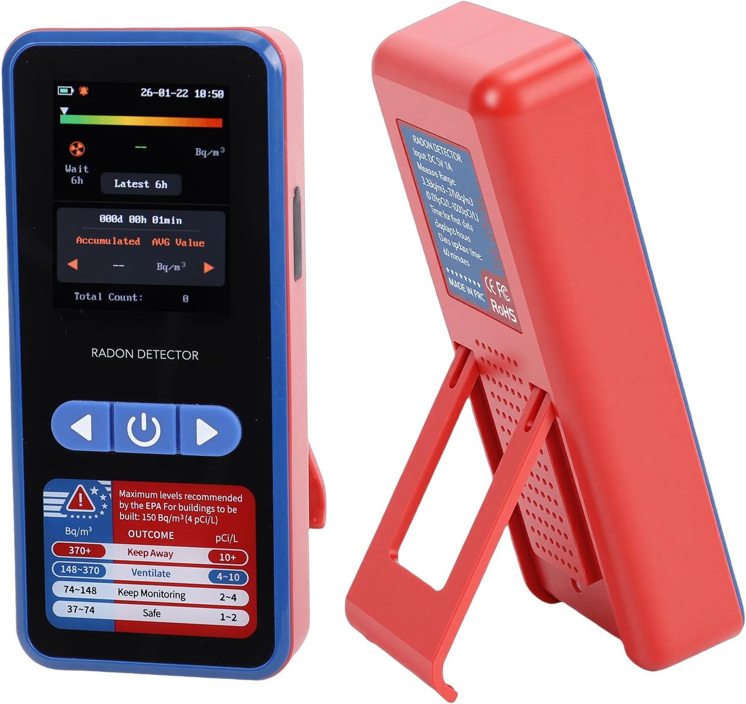 Eujgoov Radon Detector, High Sensitivity Sensor with 2.0 Inch Color Screen for Home Office Basement Mine, Historical Data Records 504 Days, Rechargeable Battery 45 Days