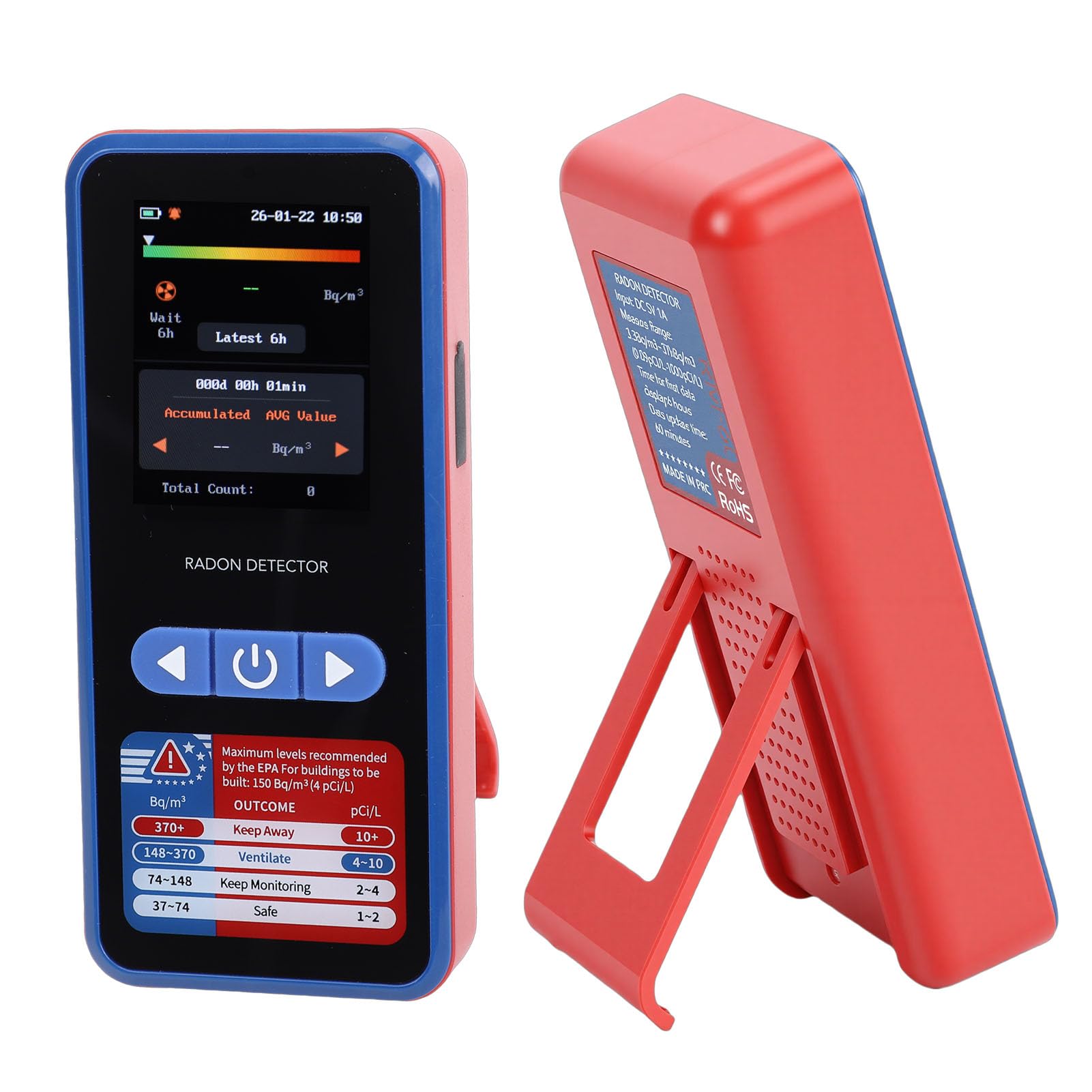 Rilevatore di Radon, Monitor di Radon con Portata 3,3-37k Bq/m, Sensore di con Batteria da 2000 MAh e Archiviazione Dati per 504 Giorni, Ideale per l'uso nel Seminterrato di Casa