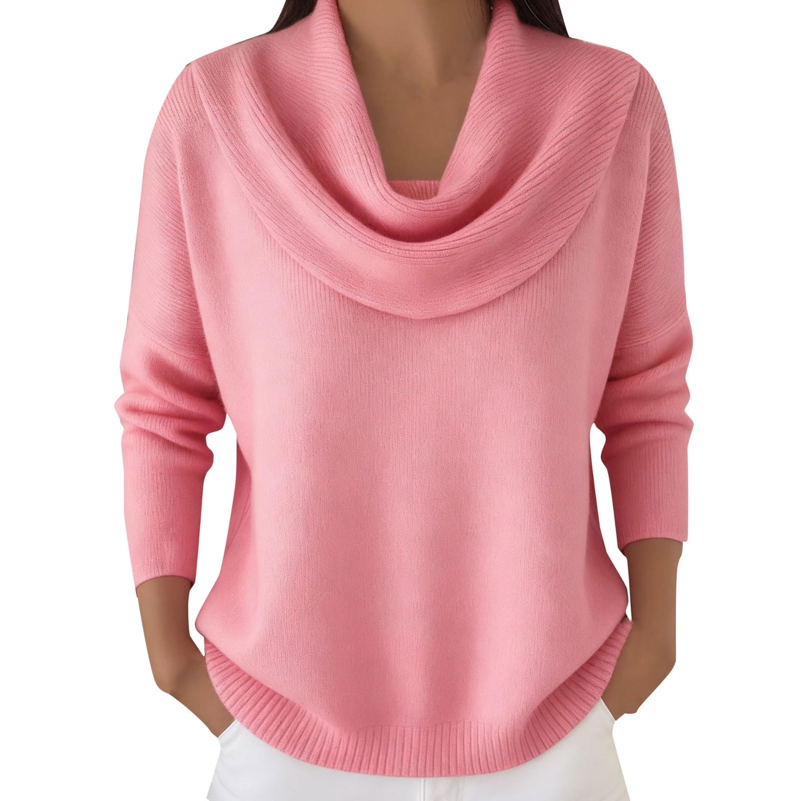 Cowl Neck Sweater for Women Knitted Long Sleeve Lightweight Solid Color Pullover Casual Loose Warm Winter Jumper Tops