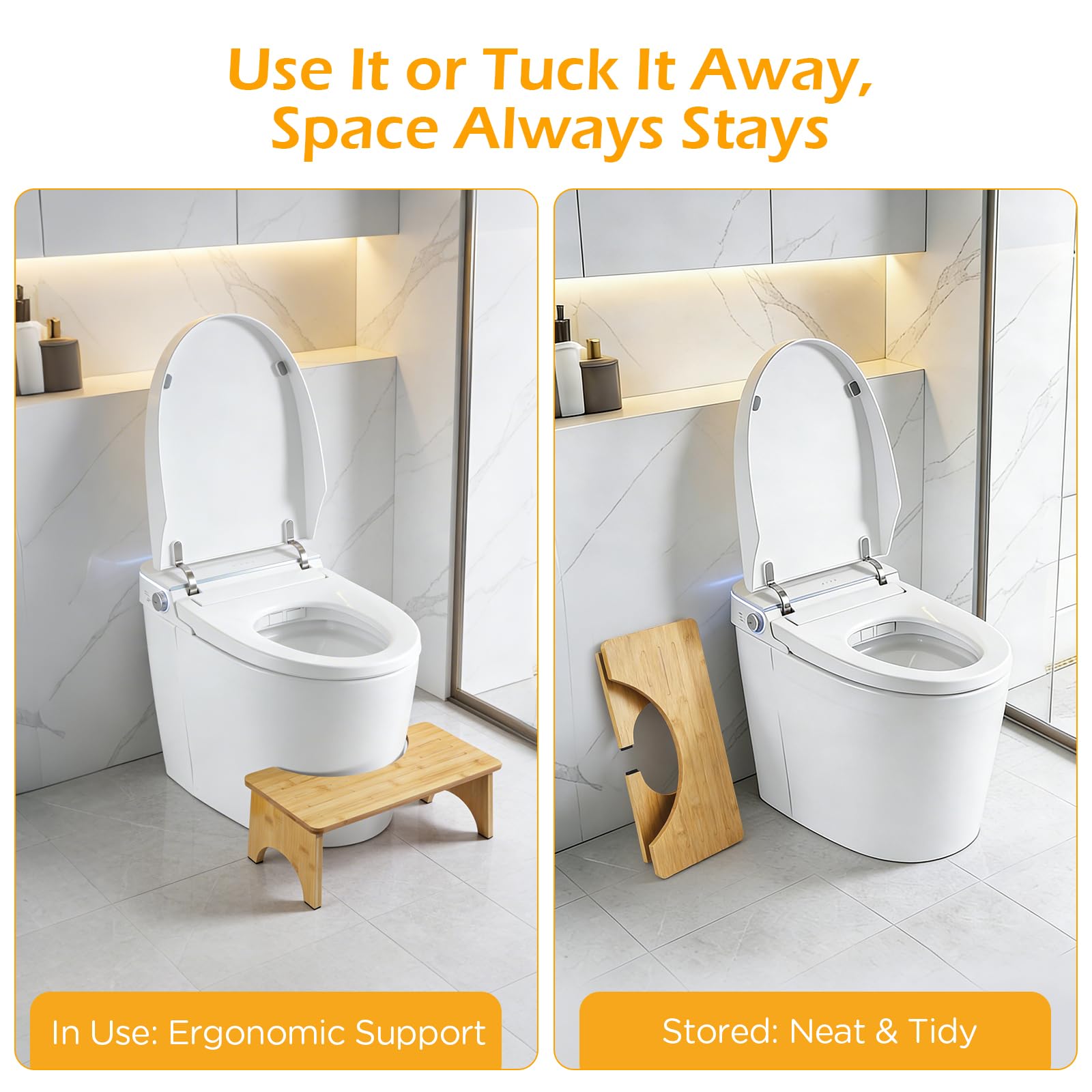 VINATO Sgabello per Bagno in Bambù Pieghevole, Sgabello WC Poggiapiedi Fisiologico 17cm Antiscivolo, Gradino Ergonomico per Adulti, Anziani, Stitichezza e Salute Intestinale