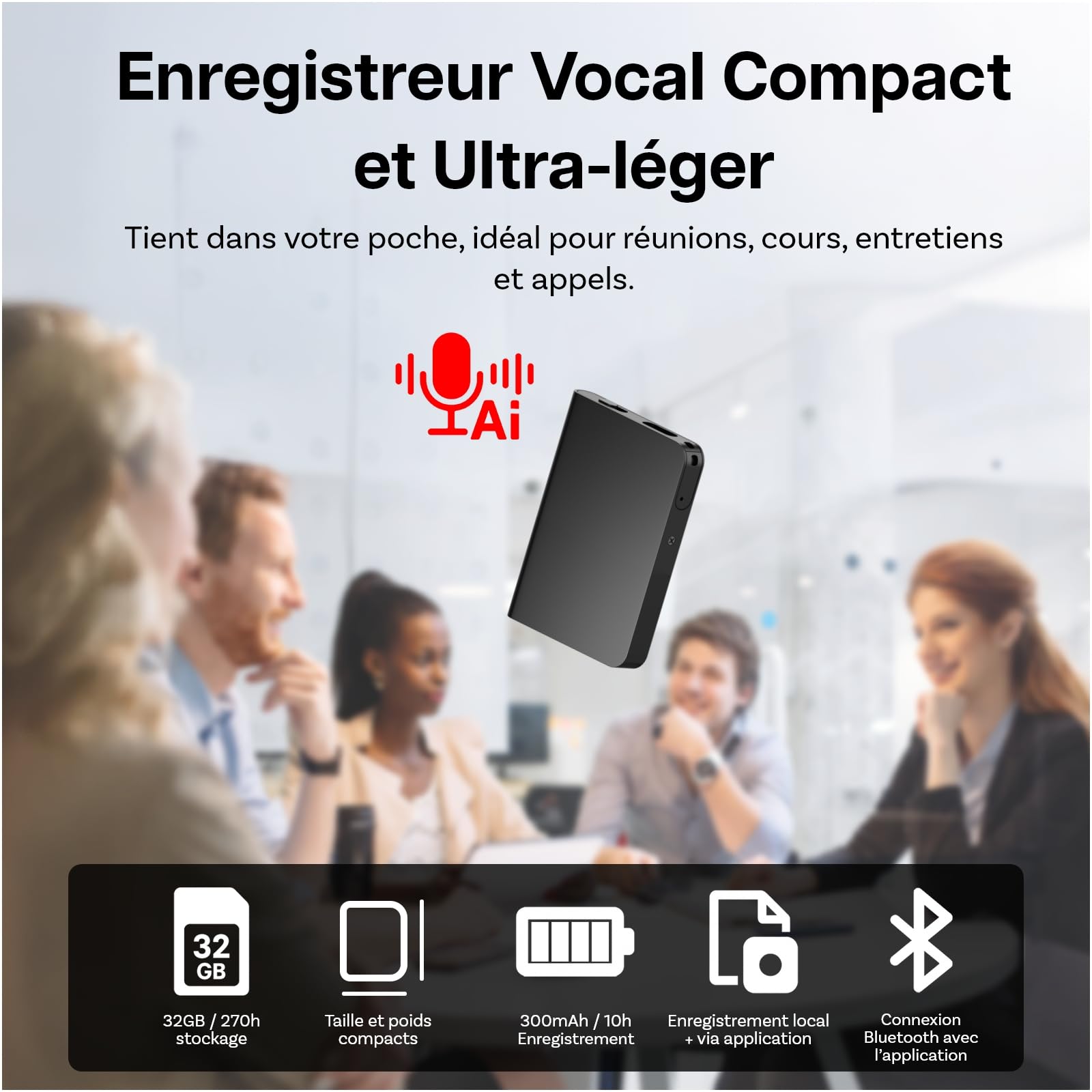 Enregistreur Vocal IA 32 Go par MMOBIEL – Dictaphone Numérique avec Contrôle par App, Transcription & Résumé IA, Traduction en Temps Réel, Bluetooth, Fonction Mindmap pour Réunions, Appels, Cours
