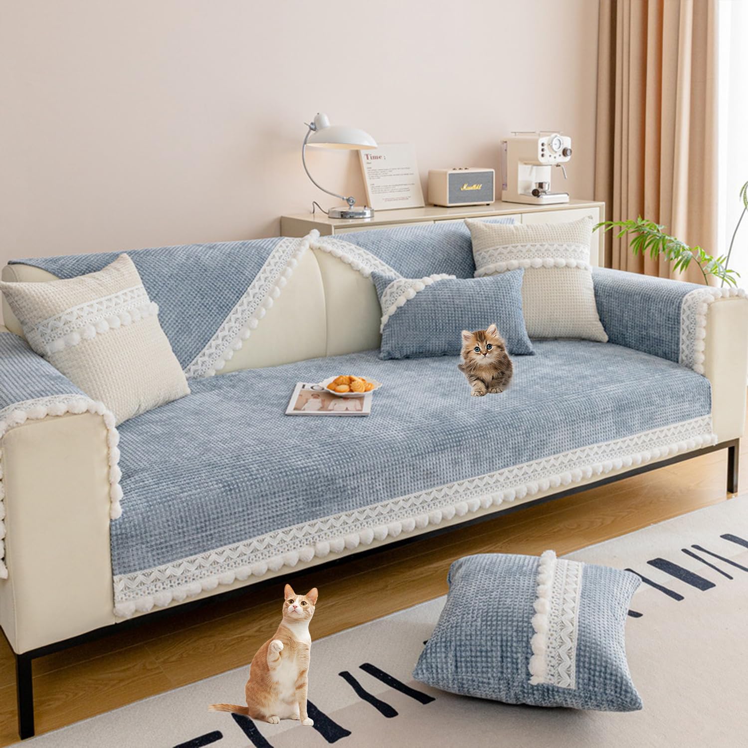 Housse de canapé en velours bleu 70x90cm gaufré et antidérapant
