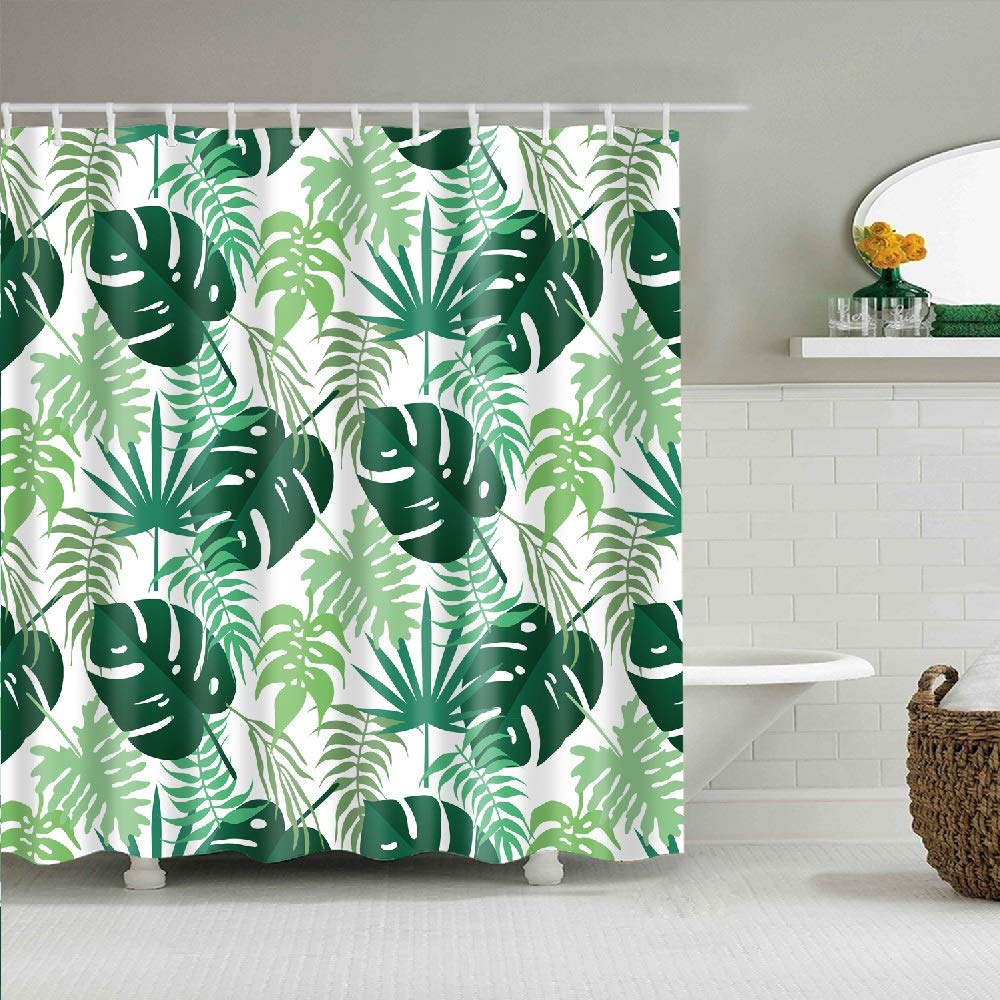 YONG-SHENGJungle Tropical Palm Leaves,Green Monstera Floral White Background Shower Curtain Waterproof Mildew Resistant Polyester Fabric Bathroom Sets with 12 Hooks,180x180cm|100% Polyester