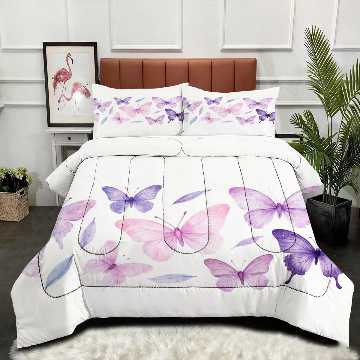 Couette 240 x 260 cm microfibre lavable en machine avec parure lit motif papillon