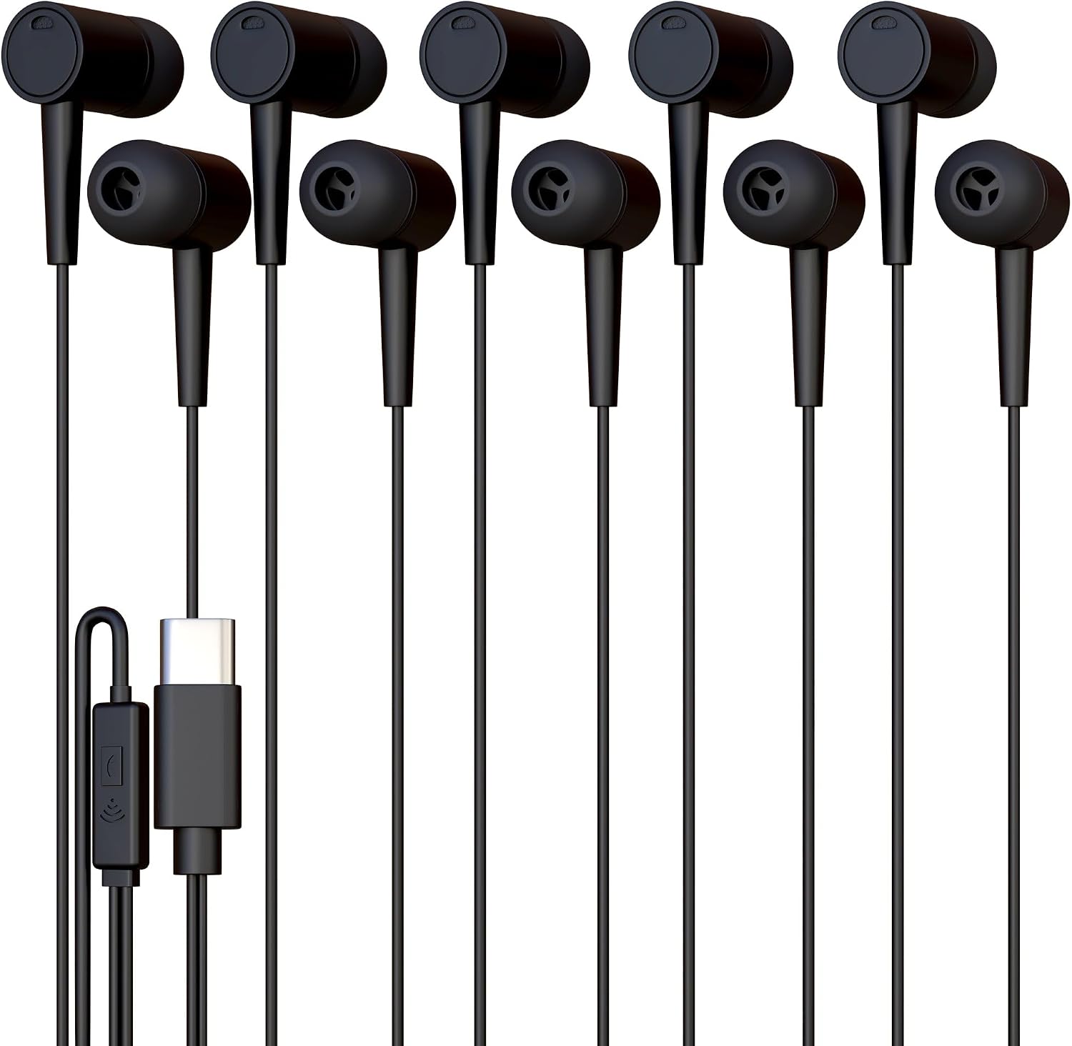 5 Pack Bulk Wired Earbuds, USB-C, in-Ear, Mic, Compatible with Phone, Tablet, Laptop, PC for School, Online Class, Meeting, Conference, Practice, Test, Black