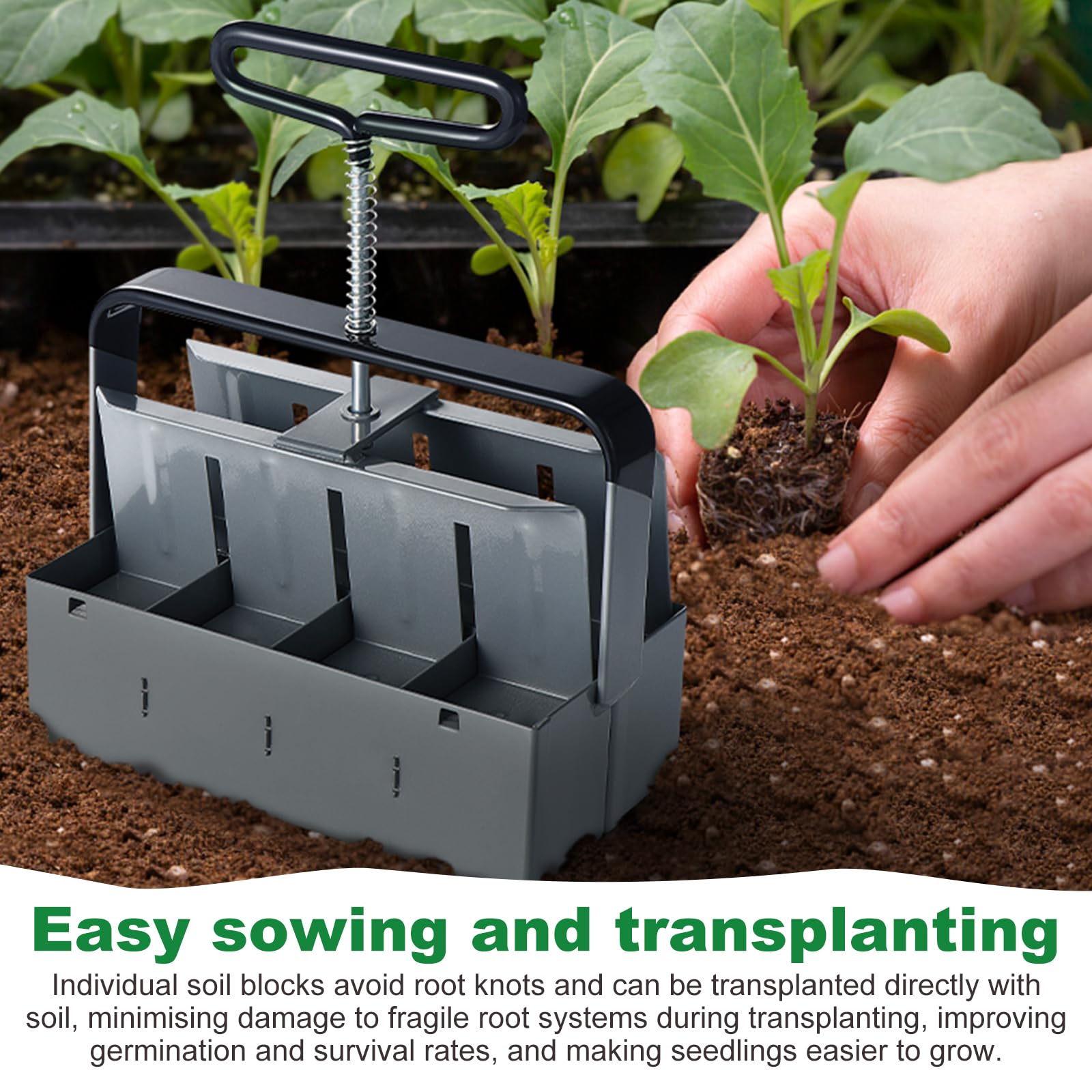 Presse à motte manuelle，2" Bloqueur de sol avec kits d'outils de semis, kit d'outils de plantation pour la plantation, le semis, la culture, la serre de jardin(8Pcs)
