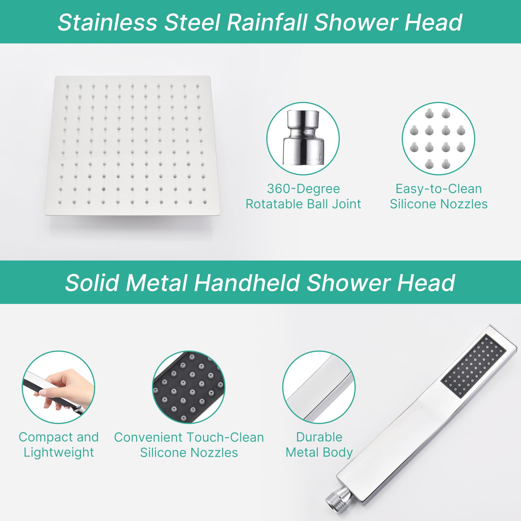 G-Promise Cabezal De Ducha Cuadrado Doble De Metal De 14 Pulgadas Con Combo De Rociador De Mano, Cabezal De Ducha De Lluvia, Brazo De Extensión Ajustable, Desviador De 3 Vías, Manguera