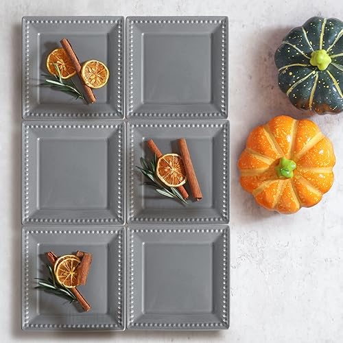 Miniatura 6 de Platos de Aperitivo y Postre en Relieve, Juego de 4, Platos Cuadrados de 6 Pulgadas de Color Gris para Snack y Restaurante, Aptos para Lavavajillas