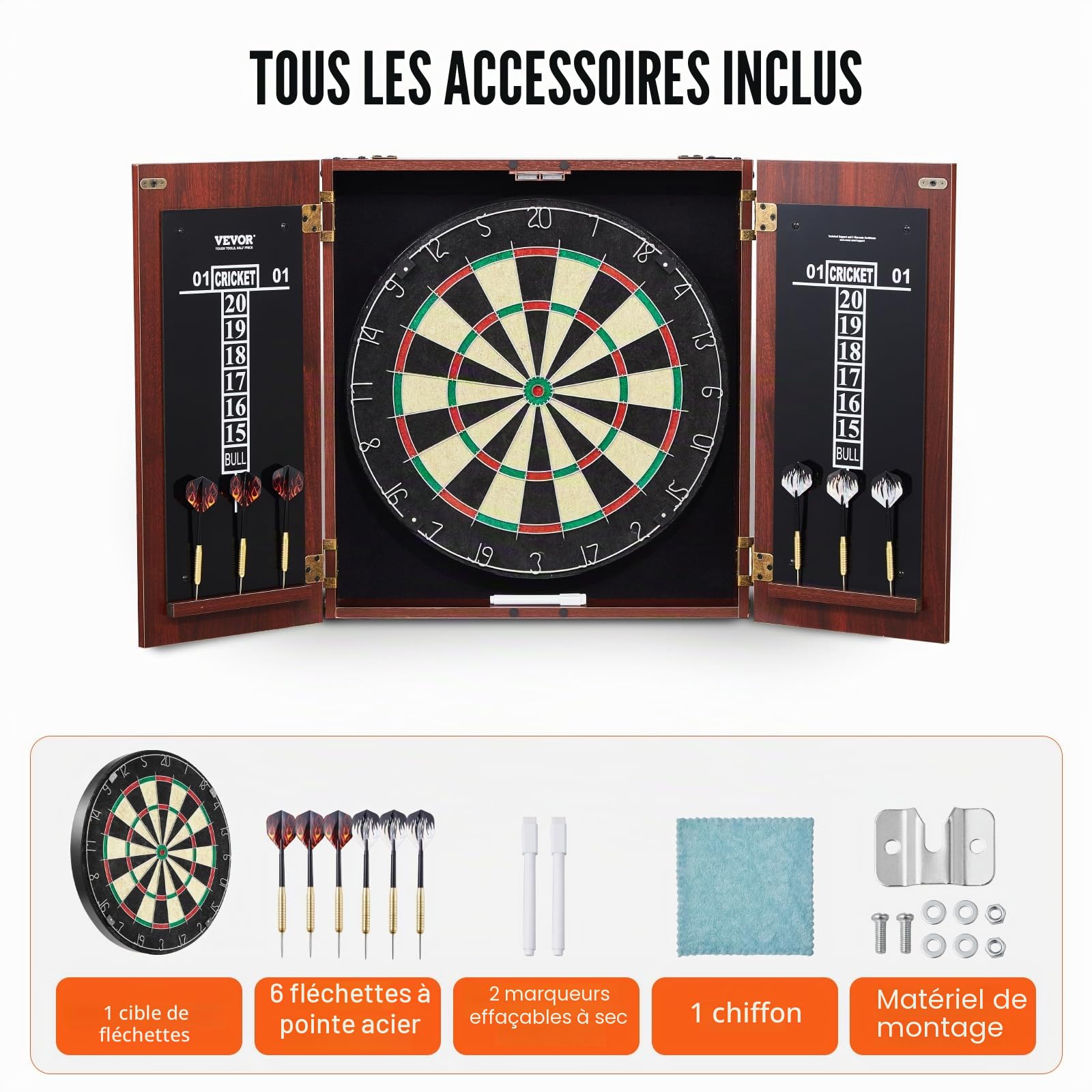 VEVOR Cible de Fléchettes et Armoire Prêt à Jouer, Armoire à Fléchettes de Taille Officielle, Jeu de Fléchettes à Pointe en Acier, Assemblage Facile, Accessoires Complets, pour Jeux de Cricket