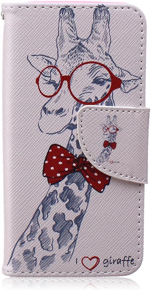 iGrelem® iPhone 5 5s Premium PU Leather Flip Case, Wallet Case + Silicone Black Cover For Apple iPhone 5/5s, Protective Skin Case With Magnetic Closure + Card Slot, Feather, Flower, Cat, Colorful Pattern for iPhone5 5s (Giraffe, Purple)