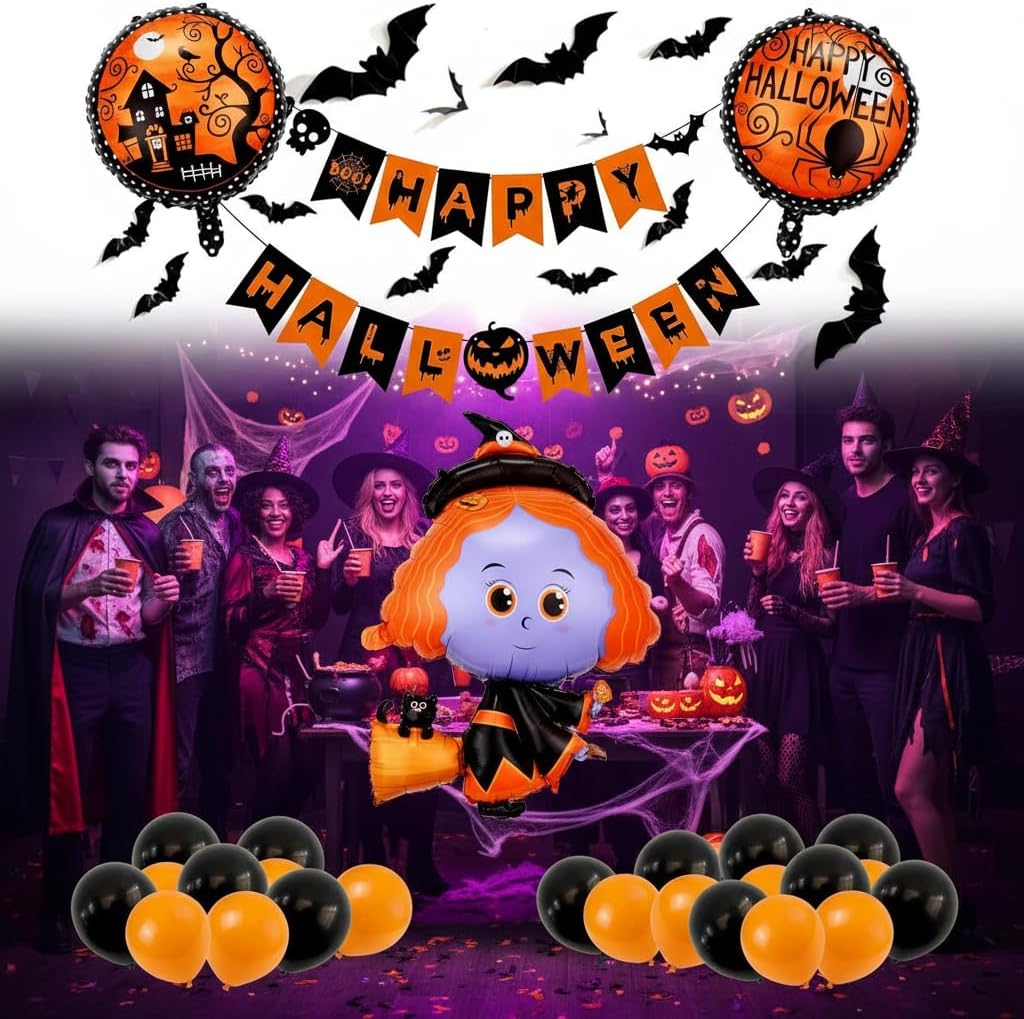 Spooky Halloween Party Decorations Kit - 38 Piece Halloween Balloons with 33 Inch Witch Foil Balloon, Banner & Bat Stickers | Ideal for Indoor/Outdoor Party Supplies & Trunk or Treat Decorations