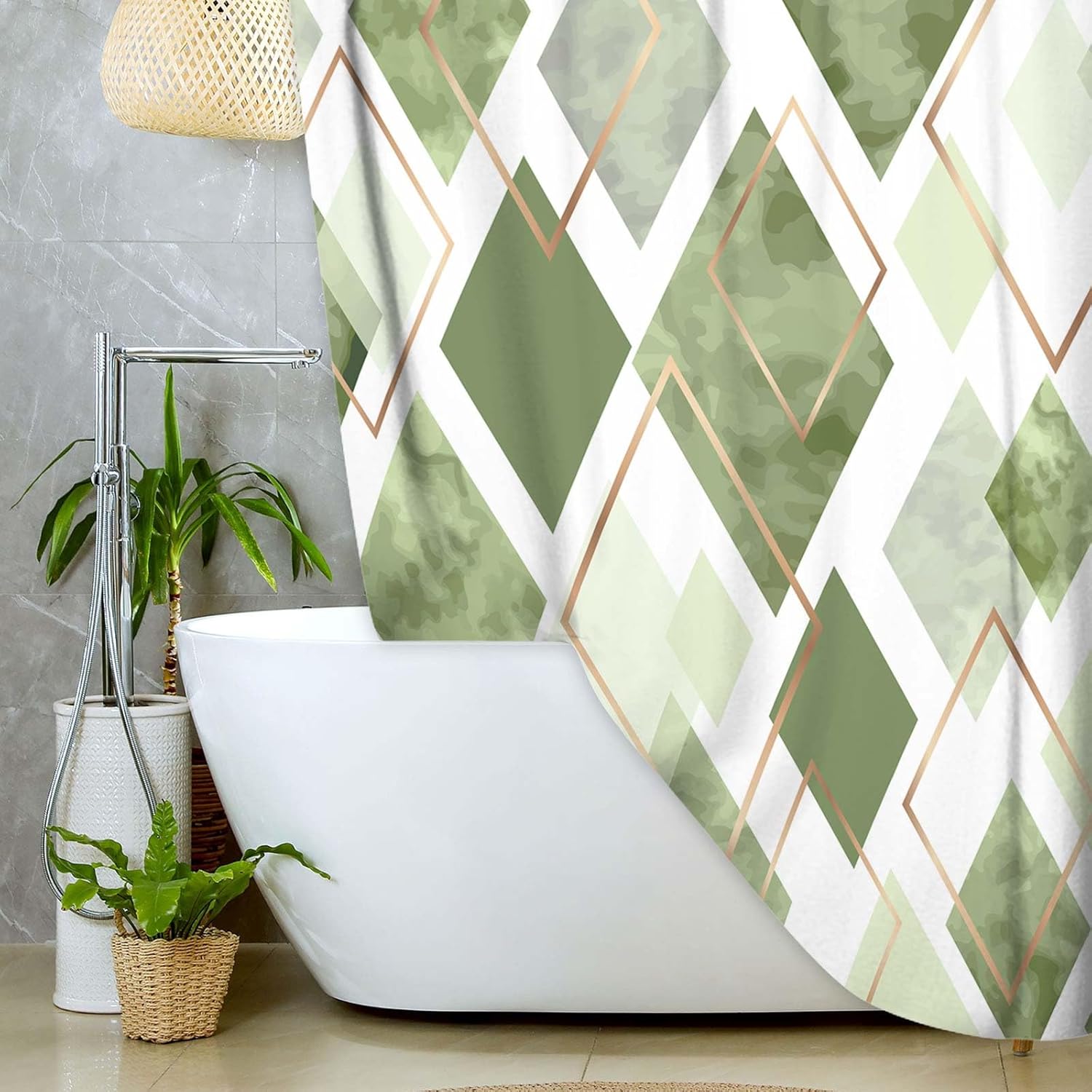 Sage Green Shower Curtain Set, Modern Geometric Diamond Pattern Print Art Decor Waterproof Bath Curtain, Green Gold Abstract Fabric Polyester Shower Curtains with Hooks for Bathroom,72X78IN