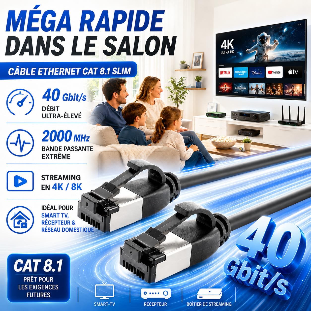 Câble réseau Cat 8.1 Lan de 2 m (lot de 10) Câble Ethernet Cat 8 avec prise RJ45 fin et fin avec taux de transfert de 40 Gbit/s Noir 2,0 mètres