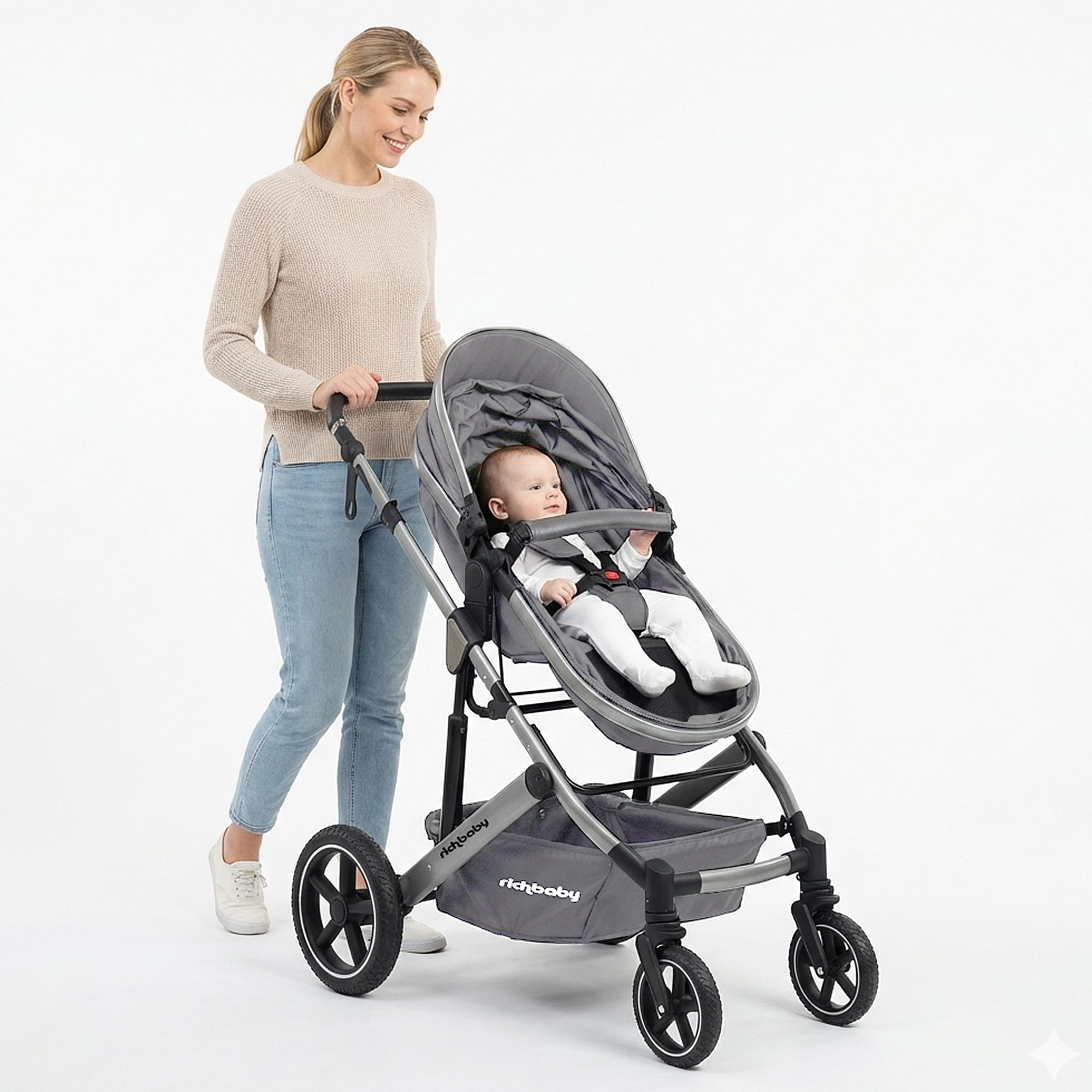 RichBaby Carrozzina Cruise – Pieghevole con una sola mano, reversibile, sospensione a tutte le ruote, telaio ammortizzante, cappuccio estensibile, nascita fino a 15 kg (3 anni), grigio
