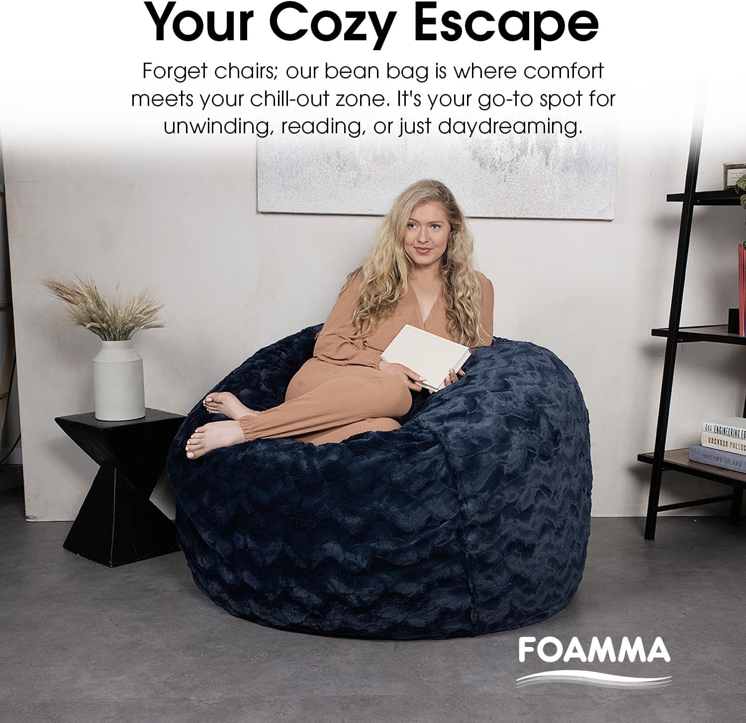 Foamma Faux Fur Bean Bag Chair, Navy - 5ft Plush Floor Chair for Kids and Adults with Washable Cover, Lounge Chair with Stretchable Fabric, Comfy Chair with Faux Fur Cover, Bedroom Chair