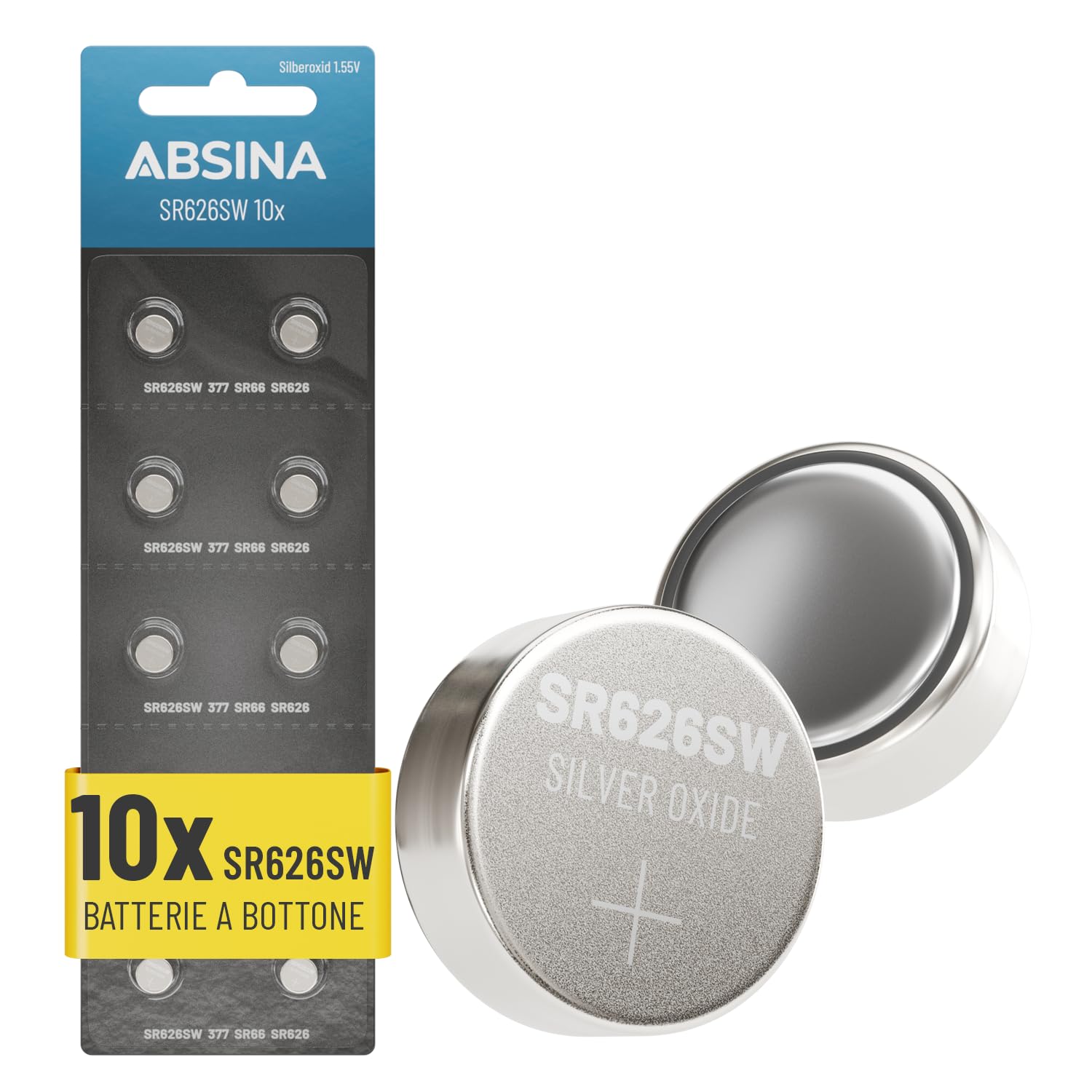 ABSINA 10x Batteria SR626SW orologio 1,55V ossido d'argento - batteria orologio SR 626 SW a tenuta stagna e lunga durata - Pile SR626SW 377 - Pila SR 626 SW