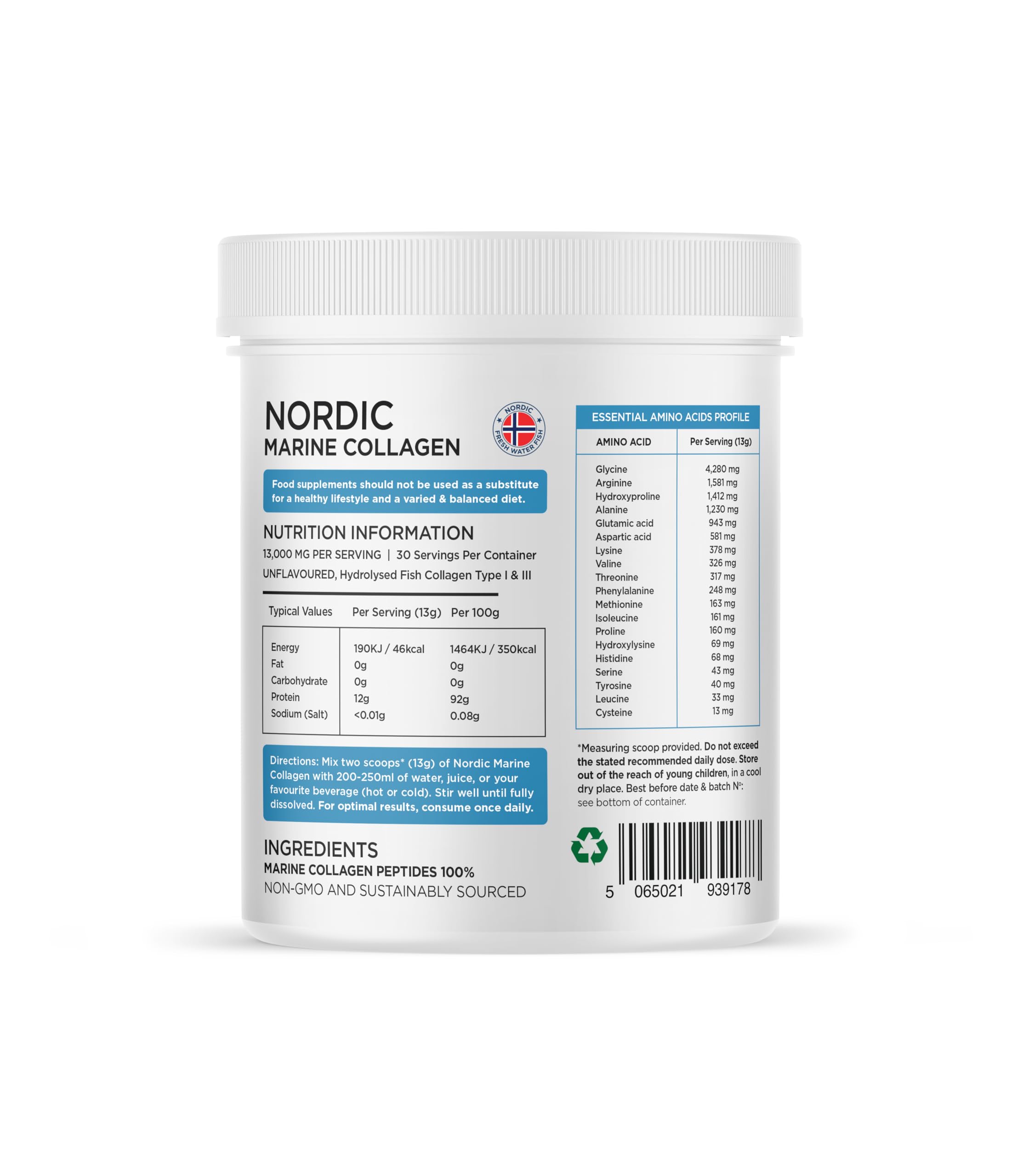 Nordic Marine Kollagen Pulver – 100% reine hydrolysierte Kollagenpeptide – Typ I & III – 13.000mg pro Portion – hohe Absorption – geschmacksneutral – 400g | 30 Portionen