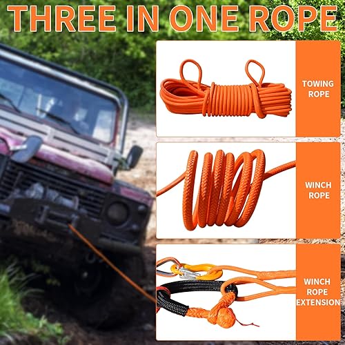 Miniatura 7 de QIQU Extensión de cuerda de cabrestante doble trenzada para remolque de recuperación de cabrestante de automóvil 4x4 (38 pulgadas x 100 pies)