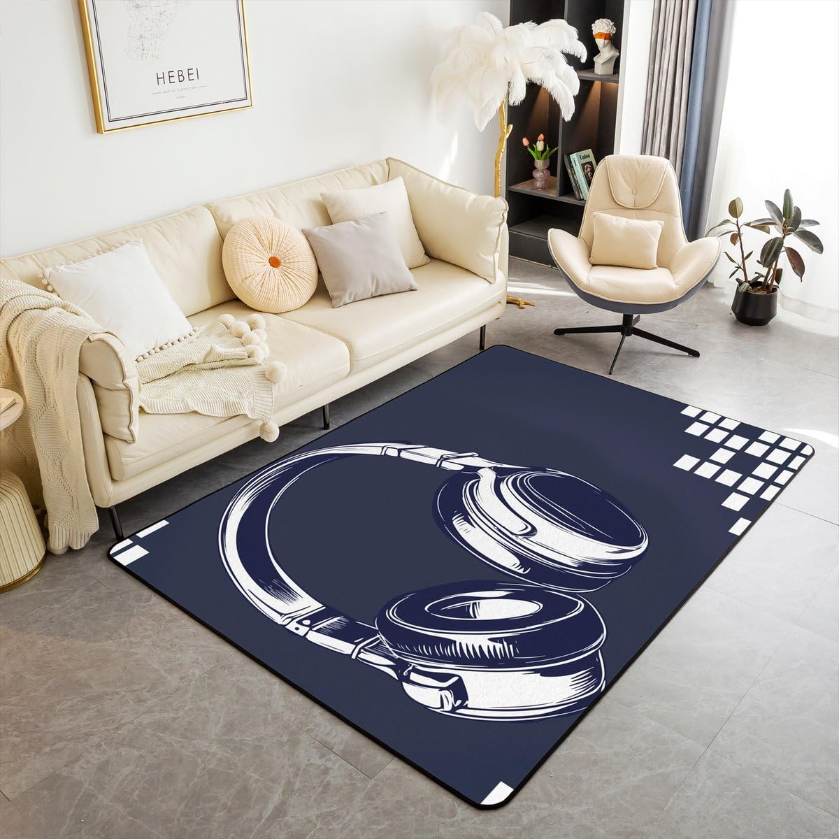 jejeloiu Heahopne Area Rug 5'x7' Music Theme Floor Mat for Home Decor Durable Indoor Entry Rug Accent Rug Mats Headset Entrance Rug Soft Carpet for