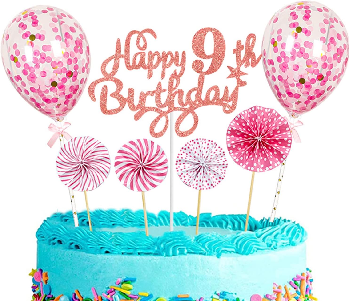 CAM2 Happy Birthday Cake Decoration Birthday Girl Cake Decoration 9th Cake Topper Happy 9th Birthday Pink Gold Glitter Cake Decoration Glitter Cake Decorating and Balloons