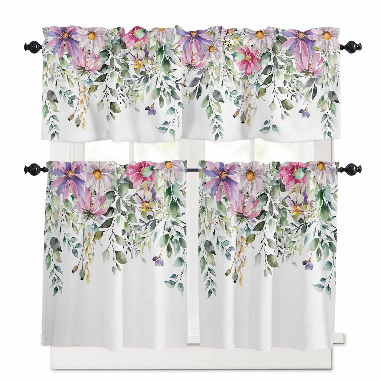 Eucalyptus Flower Kitchen Curtains 36 Inch Length,3 Piece Rod Pocket Small Half Tiers and Valance Set,Sage Green Botanical Boho Leaf Pink Small Large Window Treatment Decor for Bedroom/Bathroom Sink