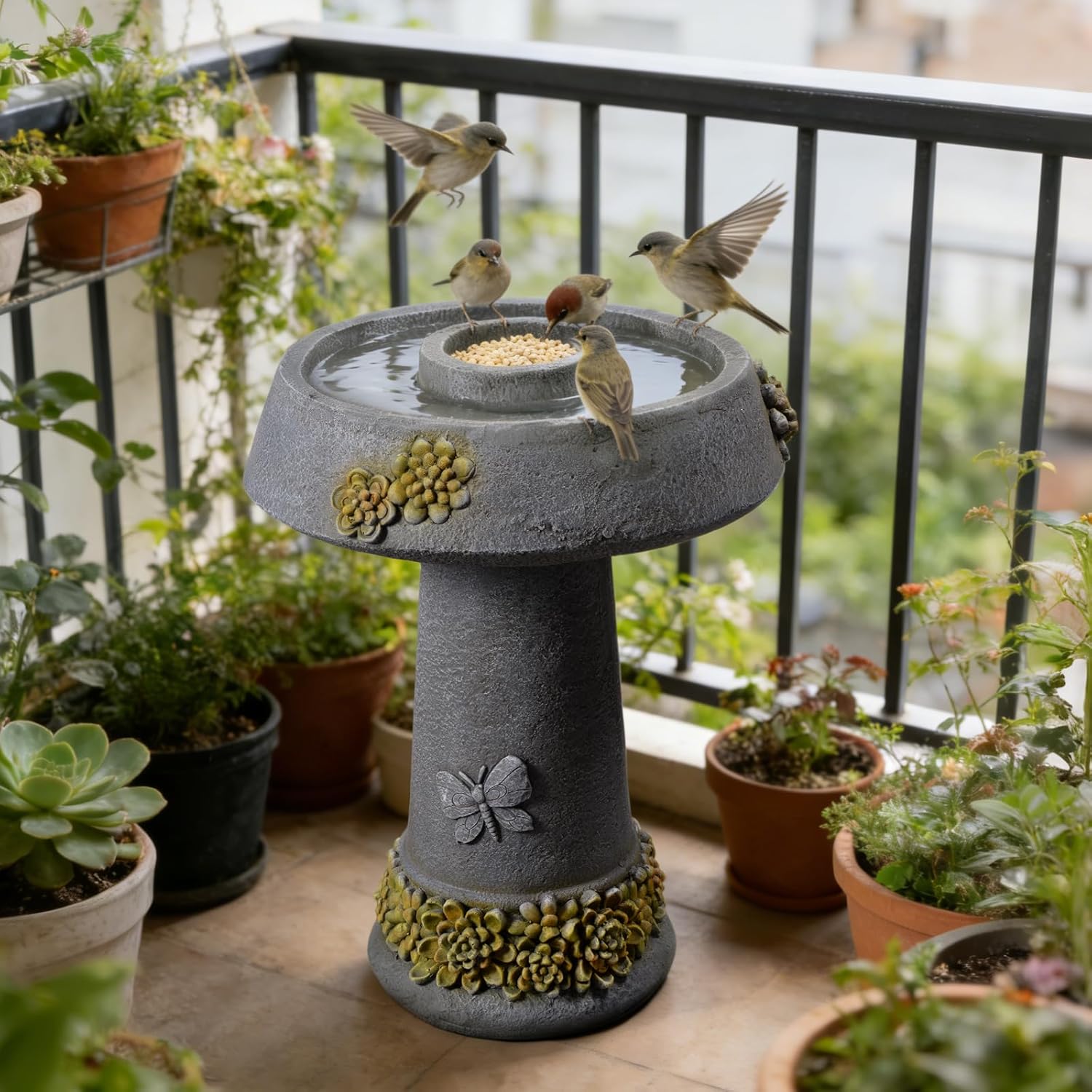 Bird Baths for Outdoors,23.6''H Outdoor Water Fountain Bird Bath & Feeder – Removable Feeding Bowl, Stone-Like Resin with Butterfly & Succulent Decor for Garden Yard Patio Porch Lawn Backyard