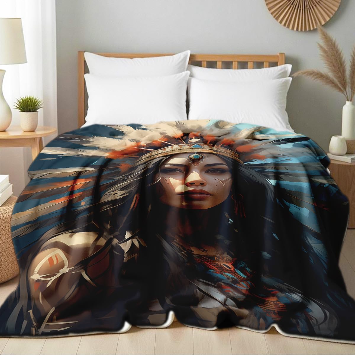 Native American Blanket Feather Headdress Print Blanket Indian Flannel Throw Gifts for Women Girls Adults Couch Sofa Bed (49"x59") - Image 2
