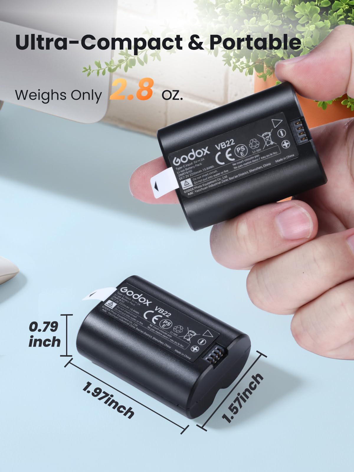 GODOX VB22 Batterie au Lithium pour Godox V480 V1MID V350 Flash, par Exemple V480S V480C V480N V480F V1Mid-N V1Mid-S V1Mid-C V1Mid-F V1Mid-O, 7,2V 2200mAh Batterie Rechargeable, Recharge Via USB-C