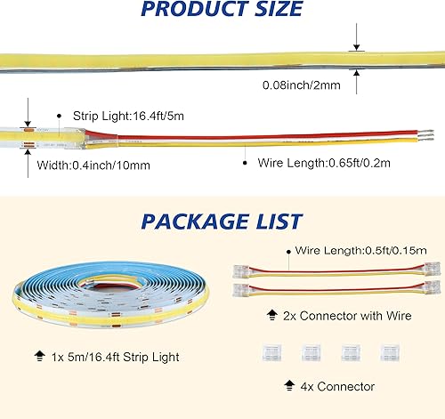 Miniatura 6 de C2 CCT COB - Tira de luz LED 2700K-6500K, luz de cinta LED flexible de 16.4 pies, DC24V 608LEDs 14WM 0.394 in de ancho, luces LED regulables para