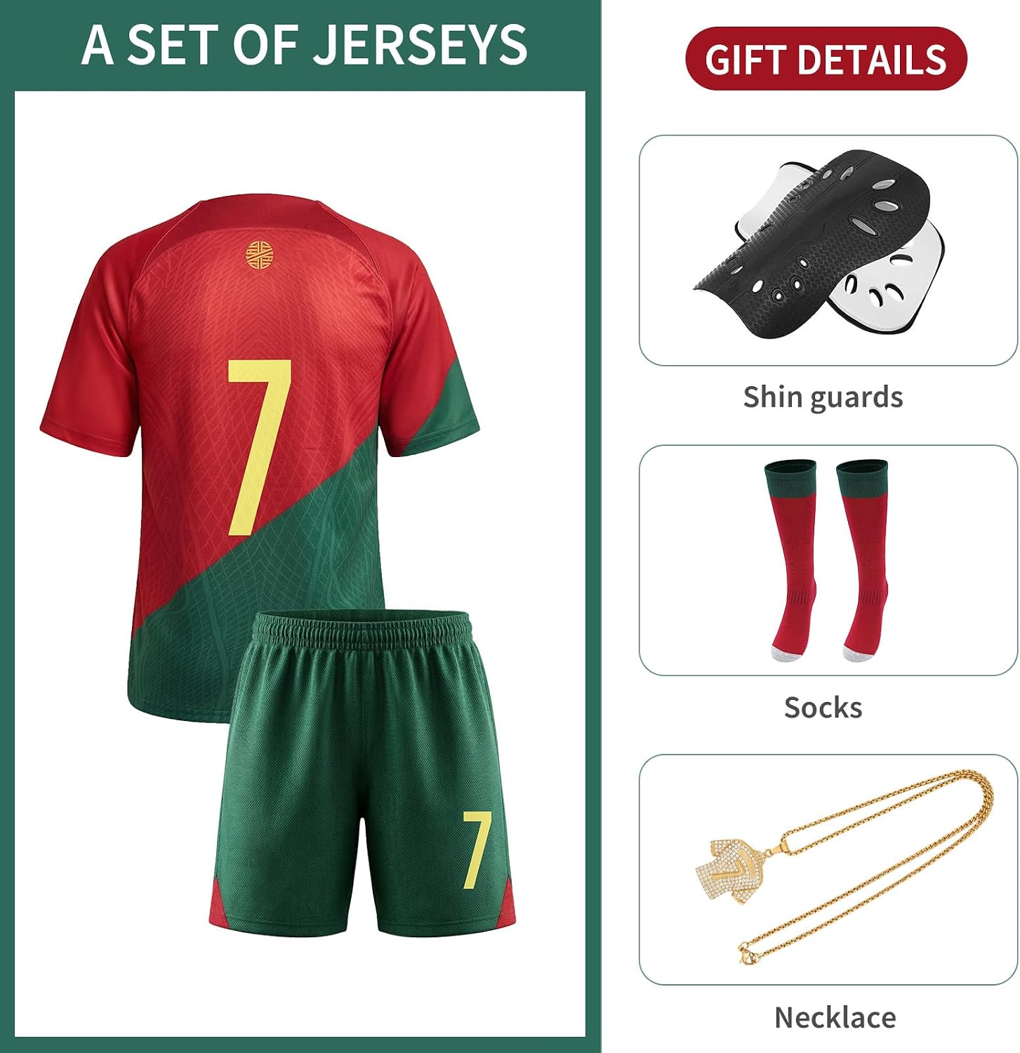 Boys Soccer Jerseys, 2022 Kids' Soccer Jersey #7,Training Uniform for Kids Football Youth Jerseys Gift Kit Set 4 Piece