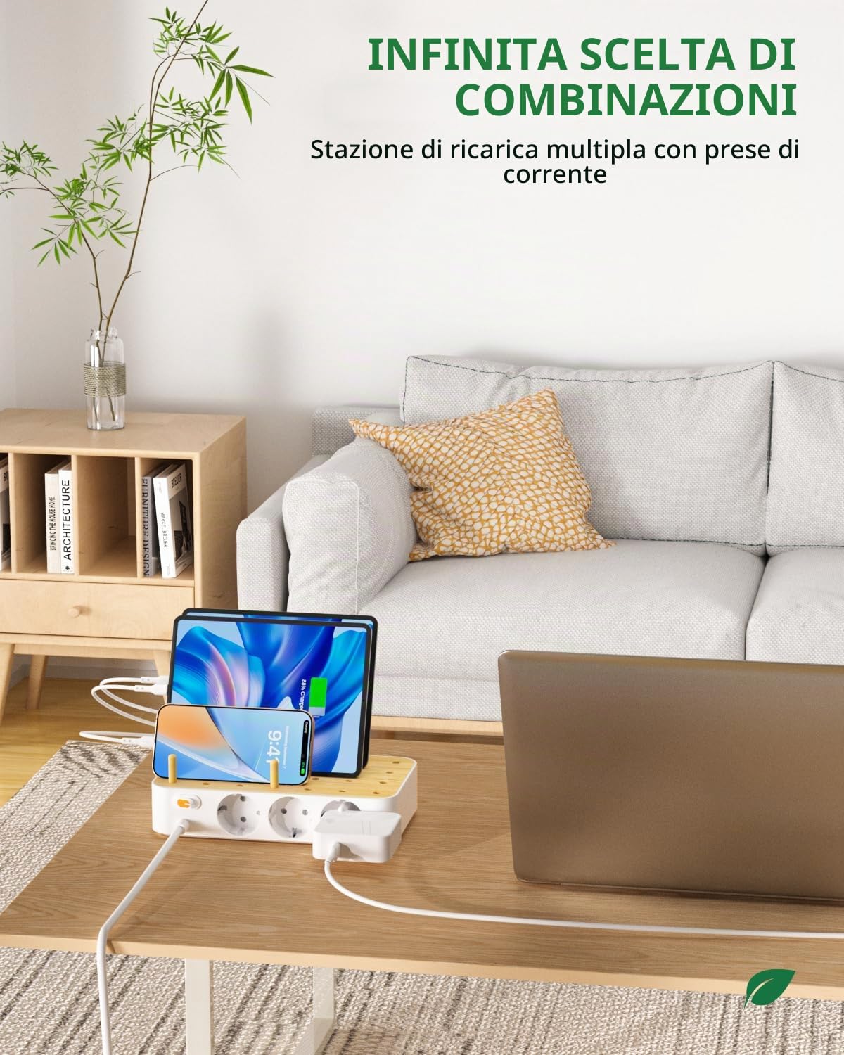 Stazione di Ricarica Bamboo da 60W per Più Dispositivi Con 3 Prese CA, 3 USB-C, 3 USB-A, Cavo di Alimentazione da 2m per IPhone, IPad, Tablet (6 Cavi Misti), Bianco