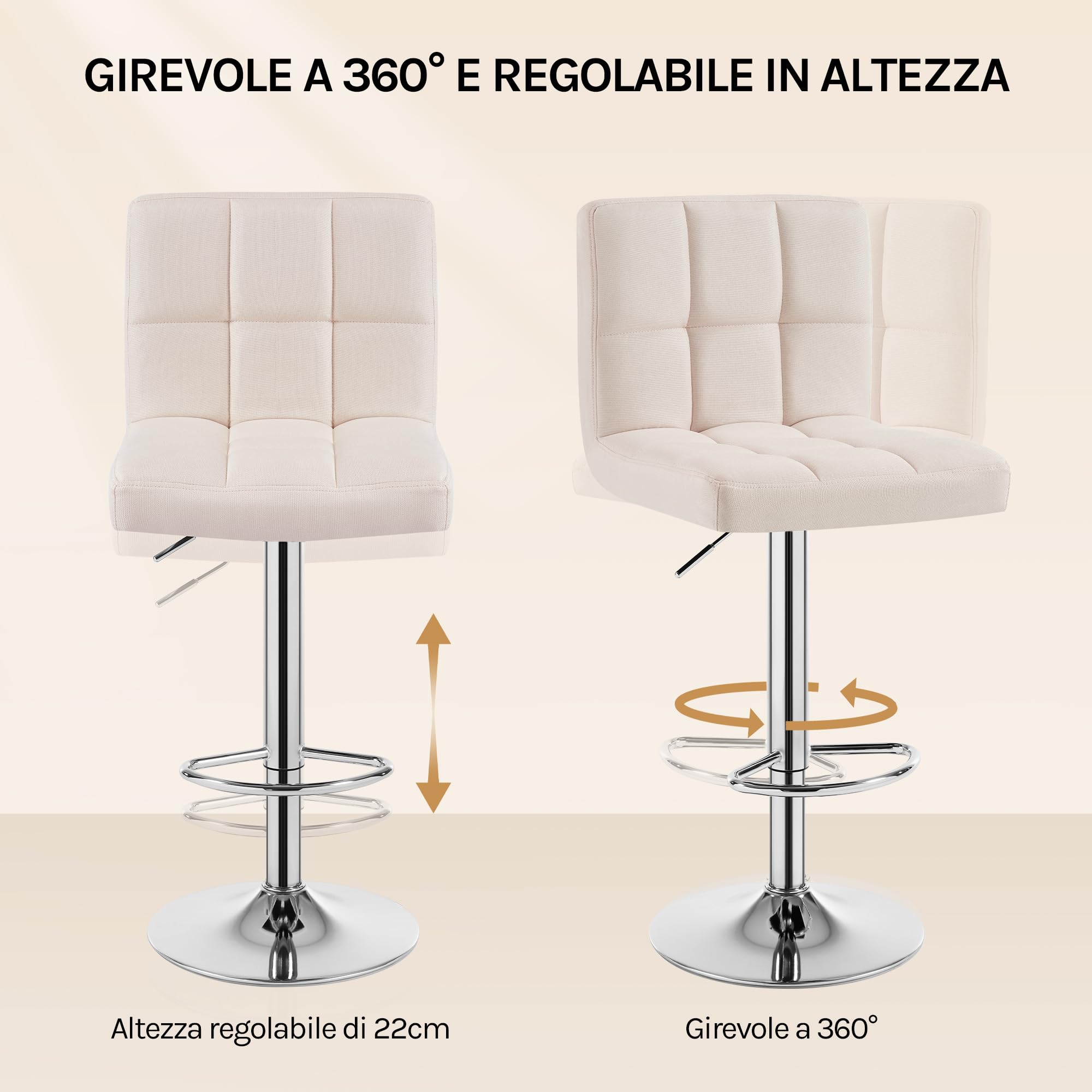 WOLTU Coppia Sgabelli da Bar, Sedia Alta Cucina con Schienale e Poggiapiedi, Moderni Design Sgabello Altezza Regolabile e Girevole, per penisola cucina, Bancone, Tessuto di Lino, Crema
