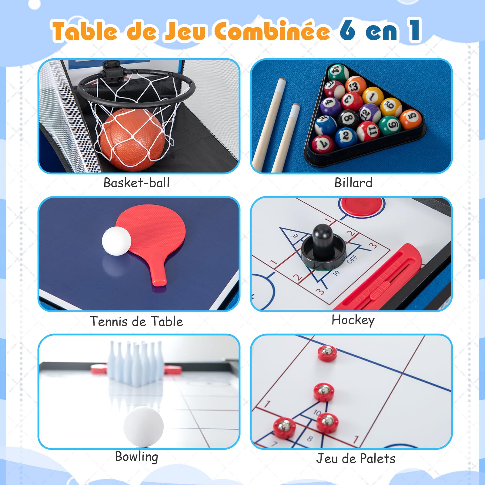 GOPLUS 6 en 1 Table de Jeu 6 en 1 Interieur, Table Multi-Jeux de Basket-Ball, Billard, Ping-Pong, Hockey, Palets, Bowling, pour Salle de Jeux, pour Enfants et Adultes