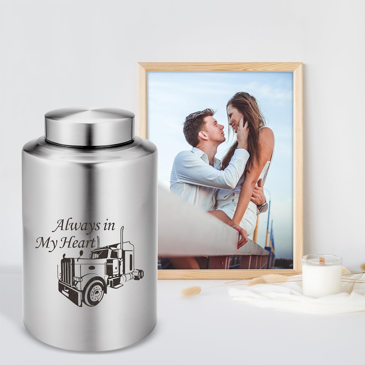 Truck Cremation Urn Large Urns for Human Ashes Always in My Heart Decorative Urn Funeral Urn Memorial Urn Large Keepsake Urn up to 220 lbs (Silver)