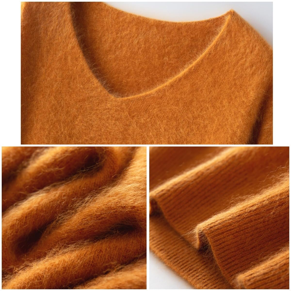 Damen Pullover mit V-Ausschnitt, Kaschmirwolle, gebürstet, weicher warmer V-Ausschnitt, lockerer Kaschmir-Pullover, nahtloser Strickpullover
